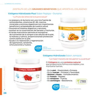 28
La belleza a tu alcance...
»CUERPOENEQUILIBRIO
¡DISFRUTA DE LOS GRANDES BENEFICIOS QUE APORTA EL COLÁGENO!
• La papaya y el durazno son una rica fuente de
antioxidantes, vitaminas B1, B2, niacina,
minerales y enzimas digestivas con importantes
beneficios y propiedades de nuestra salud.
• Favorece el sistema digestivo y nervioso.
• Auxiliar en la cicatrización de heridas y fracturas.
• El ácido hialurónico permite el transporte
de nutrientes de la sangre a las células de la piel,
la hidrata y lubrica, proporcionando protección
contra daños en la piel.
• Ayuda a la reparación y regeneración
de ligamentos, tendones,
articulaciones y huesos.
“La fruta del árbol de la buena salud”
Colágeno Hidrolizado Plus! Sabor Papaya – Durazno
Colágeno Hidrolizado Sabor Jamaica
“La mejor manera de recuperar tu juventud”
• En la piel - Elasticidad y firmeza.
• En tu cuerpo - Firmeza y Tonicidad.
• Glúteos y busto - Fortalecimiento.
• En huesos - Rigidez.
• En tendones - Fuerza.
• En cartílagos - Resistencia.
*Este producto no es un medicamento.
450 g
Clave S504$330MXN
*Este producto no es un medicamento.
450 g
Clave S307$270MXN
El Colágeno es una proteína natural
que proporciona forma a los tejidos y los
mantiene fuertes.
 