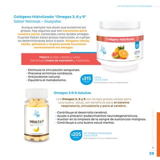 29
...en armonía con la naturaleza.
»CUERPOENEQUILIBRIO
Colágeno Hidrolizado “Omegas 3, 6 y 9”
Sabor Naranja – Guayaba
Aunque siempre nos dicen que evitemos las
grasas, hay algunas que son esenciales para
nuestra salud, conocidas como ácidos omegas.
Cuando faltan estas grasas esenciales, el cuerpo
va deteriorándose poco a poco. Ninguna célula,
tejido, glándula u órgano puede funcionar
normalmente sin omegas.
• Estimula la circulación sanguínea.
• Previene arritmias cardíacas.
• Antioxidante natural.
• Equilibra el metabolismo.
Mejora la piel, cabello y uñas.
Disminuye líneas de expresión y manchas.
Omegas 3·6·9 Adultos
• Contribuye al desarrollo cerebral.
• Ayuda a prevenir padecimientos neurodegenerativos.
• Auxiliar en la limpieza de la sangre de sustancias malignas.
• Contribuye a una buena salud mental.
Los Omegas 3, 6 y 9 son ácidos grasos vitales para
una buena salud, son benéficos para el sistema
respiratorio, circulatorio y para el cerebro.
*Este producto no es un medicamento.
450 g
Clave S308$315MXN
*Este producto no es un medicamento.
60 Tabletas Masticables
Clave S608$205MXN
 