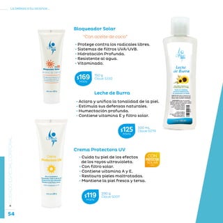 54
La belleza a tu alcance...
»CUIDADOESPECIALCORPORAL
Bloqueador Solar
“Con aceite de coco”
• Protege contra los radicales libres.
• Sistemas de filtros UVA/UVB.
• Hidratación Profunda.
• Resistente al agua.
• Vitaminado.
Crema Protectora UV
• Cuida tu piel de los efectos
de los rayos ultravioleta.
• Con filtro solar.
• Contiene vitamina A y E.
• Restaura pieles maltratadas.
• Mantiene la piel fresca y tersa.
Leche de Burra
• Aclara y unifica la tonalidad de la piel.
• Estimula sus defensas naturales.
• Humectación profunda.
• Contiene vitamina E y filtro solar.
290 g
Clave S007$119MXN
500 mL
Clave S019$125MXN
150 g
Clave S332$169MXN
 
