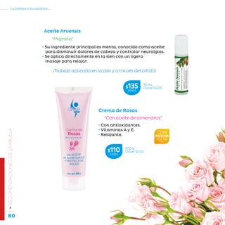 80
La belleza a tu alcance...
»RECOMENDACIONESDELAABUELA
Aceite Arvensis
“Migraña”
• Su ingrediente principal es menta, conocido como aceite
para disminuir dolores de cabeza y controlar neuralgias.
• Se aplica directamente en la sien con un ligero
masaje para relajar.
¡Trabaja aplicado en la piel y a través del olfato!
Crema de Rosas
“Con aceite de almendras”
• Con antioxidantes.
• Vitaminas A y E.
• Relajante.
10 mL
Clave S406$135MXN
300 g
Clave S032$110MXN
 