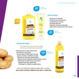 95
...en armonía con la naturaleza.
»CUIDADODELCABELLO
Gel de Papa
• Estiliza el cabello.
• Proporciona volumen,
resistencia y brillo.
• Protege del sol.
• Repara puntas dañadas.
• Retarda la aparición de canas.
Aceite de Papa
• Desmancha zonas obscuras.
• Humecta y suaviza.
• Disminuye la piel obscura de
axilas, codos, rodillas e ingle.
• Restaura talones agrietados.
• Restaura el cabello maltratado y seco.
• Retarda la aparición de canas.
• Repara puntas abiertas.
• Protege el cabello quebradizo.
“Enriquecido con aceite virgen
de olivo, celedonia y romero”
EN LAS PARTES OBSCURAS DE LA PIEL,
APLICAR COMO CREMA DE DÍA Y NOCHE.
260 mL
Clave S047$155MXN
480 mL
Clave S048$65MXN
130 mL
Clave S424$22MXN
 