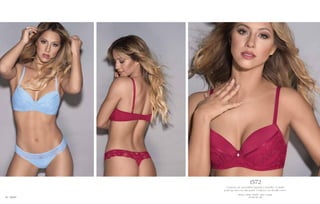 Conjunto de microfibra fantasía y puntilla. Corpiño
push up soft con dije perla. Colaless con detalle cruce.
Blanco - celeste - frutilla - negro - nougat.
85 / 90 / 95 / 100
1572
20 SIGRY
 