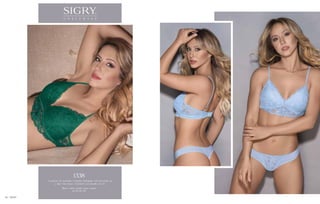 Conjunto de puntilla. Corpiño triángulo soft sin push up
y dije con strass. Colaless con detalle de tul.
Blanco - celeste - frutilla - negro - nougat.
85 / 90 / 95 / 100
1338
06 SIGRY
 