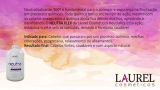 Neutralizalizante 360º é fundamental para o sucesso e segurança na finalização
em processos químicos. Toda química tem o seu tempo de ação, mesmo com
os cabelos enxaguados a química ainda fica dentro dos fios, agredindo e
danificando. O NEUTRA PLEX da Laurel Cosméticos neutraliza essa ação,
estabiliza o pH e sela as cutículas, deixado o fio muito saudável.
Indicado para: Cabelos que passaram por um processo químico, mechas,
colorações, progressiva, relaxamento ou alisamentos.
Resultado final: Cabelos fortes, saudáveis e com aspecto natural.
 