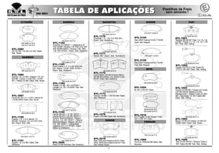 11
133.0x49.0x17.0
SYL-1163
Aveo Kalos 1.2, 1.4 (69 KW) 04/
03> Kalos 1.4 (61 KW) 07/02>
Diant. Sist. Akebono
143.0x51.5x17.0
SYL-1162
Evanda 2.0 08/02> / Leganza 2.2i
16V 04/99 / Nubira 1.6i 16V, 2.0i 16V
SW 06/99>06/03 / Nubira 1.6i, 16V,
1.8i 16V 07/03> Diant. Sist. Akebono
104.3x38.5x14.5
SYL-1164
Nubira 1.6, SE - SX 1.6 07/03> /
Lacetti 1.4, 1.6, 1.8 02/04 Tras. Sist.
Akebono
143.0x51.1x17.0
SYL-1165
Lanos (KLAT) 1.4i SE 05/97> /
Lanos (KLAT) 1.5i SE 05/97> /
Nubira Berlina/Station Wagon
(KLAJ) 1.6i 16V 05/97> / Nubira
Berlinda/Station Wagon (KLAJ)
2.0i 16V 05/97> / (Austrália)
Leganza 2.0, 2.2 07/97> Diant.
Sistema Akebono
125.5x45.3x15.3
SYL-1170
Charade 1.3, 1,5i, 1.6 16V 93>
Diant. Sist. Akebono
78.7x63.6x14.6
SYL-1279
Cuore1.001/99>Diant.Sist.Sumitomo
88.2x49.0x14.0
SYL-1172
Cuore 800cc 90>98 /Domino 800cc
90>98 /Mira 800cc 12v, 800cc Turbo
93>97 Diant. Sist.Akebono
127.9x52.5x13.8
SYL-1173
Feroza 1.6i 88> / 1.6i 16V 85> Diant.
Sist. Akebono
114.0x47.0x14.9
SYL-1171
Terios 98> Diant. Sist. Sumitomo
188.2x56.0x20.0
SYL-2219
Ram 1500 (eixo traseiro) 05>07 / Ram
2500, 3500 (eixo traseiro) 06>07 Tras.
Sist. Kelsey Hayes
DODGE
143.0x51,1x17.0
SYL-1161
Espero 1.8, 2.0 96> Diant. Sist.
Akebono
129.8x58.87x18.5
SYL-1003
Coupe 2.0 94>95 / Coupe 2.0i Turbo,
2.0i 16V 95>97 /Marea 2.4 20V,
Weekend 00> / Marea Turbo 2.0 20V
98> / Barchetta 1.8 16V Cabrio 95>
Diant. Sist. Girling
87.2x66.8x16.2
SYL-1005
Tipo 2.0 8V 94>97 / Tempra Turbo e
16V Todos 93>98 Tras. Sist. Girling
FIAT
87.5x45.5x13.5
SYL-1001
Tempra SW 90>97 /Tipo 1.4, 1.6, 1.8,
2.0 95> / Punto 1.1, 1.2, 1.4, 1.6, 1.7D
93> Tras. Sist. Girling
156.3x52.5x17.4
SYL-1004
Brava1.816VGT, Bravo 1.8 16V GT
10/95>10/01 Diant. Sist. Teves
129.8x58.87x18.5
SYL-1002
Coupe FA/175 2.0 16V Turbo FA
175 2.0 16V 93> Diant. Sist. Girling
DAEWOO
156.4x52.6x17.0
SYL-1094
Aranos 1.8, 2.0 93> / Espero 1.8, 2.0
93>96 / Lanos 1.5 SE-SX, 1.6 SX
97> / Nexia 2.0 95> Diant. Sist. Teves
140.2x48.1x16.0
SYL-1097
Lanos SE-SX 1.4, 1.5 97> / Nexia GL
1.5i 95>08/97 Diant. Sist. Teves
100.0x59.0x16.0
SYL-1160
Espero 1.8, 2.0 e Nexia 1.5
93>96 / Aranos 1.8, 2.0 CD CDX
93> Diant. Sist. GM
DAIHATSU
127.0x48.3x15.7
SYL-2095
Matiz 0.8 98>09 Diant. Sist.Akebono
120.x74.0x17.0
SYL-1065
512 5.0i TR/M 92>96 Diant. Sist.
Brembo
214.5x71.2x20.0
SYL-3124
Ram2500Tropivan5.9SLTTdi09>
Diant.Sist.Wagner
194.6x57.1x18.0
SYL-3125
Ram2500Tropivan5.9SLTTdi09>
Tras. Sist. Wagner
DODGE
EFFA
106.5x50.0x16.5
SYL-1024
M-100 1.0 8V 07> Diant.
FERRARI
88.0x40.0x16.0
102.0x40.0x16.0
SYL-1610
ULC Furgão 1.0 8V, Picape 1.0 8V,
Van 1.0 8V 07> Diant.
155.2x66.3x19.0
155.2x71.6x19.0
SYL-3282
C5 1.6 16V, 1.8 16V, 2.0 16V Diant.
Sist. Teves
CITROEN
DAEWOO
 