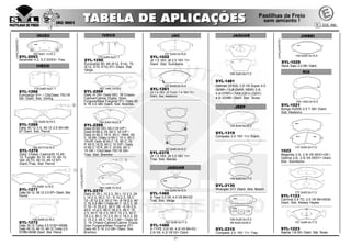 21
175.0x85.6x21.7
SYL-1290
Eurocargo 60, 65 (E12, E14), 70
(E12, E14, E15) 91> Diant. Sist.
Varga
174.5x69.1x19.5
SYL-1271
Daily 50.12, 59.12 2.5 97> Diant. Sist.
Perrot
148.8x69.0x18.0
SYL-1272
Daily 35.12 Turbo 2.5 01/91>05/96
Daily 45.10, 49.10, 49.12 Turbo 2.5
07/89>05/96 Diant. Sist. Perrot
174.5x69.0x19.5
SYL-1269
Daily 50.12 2.5, 59.12 2.5 90>08/
97 Diant. Sist. Perrot
163.1x66.7x19.0
SYL-2268
Daily IV 05> Daily 55C 16 Chassi-
Cabine/Cabine Dupla, Gran
Furgone/Maxi Furgone 07> Daily 45
S 16 3.0 08> Diant. Sist. Brembo
164.5x73.0x18.0
SYL-1270
Daily Chassi Cabina35.10,49.
12, Furgão 35.10, 49.10, 49.12,
Van 35.10, 49.10, 49.12 97>
Diant./Tras. Sist. Perrot
184.2x64.8x22.8
SYL-2269
Daily III 65 18V, 65 C18 V/P /
Daily III 60 C 18, 60 C 18 V/P /
Daily III 60 C 18 K, 60 C 18KK, 60
C 18 DK / Daily III 65 C 15 V, 65 C
15V/P, Daily III 65 C 15, 65 C 15/
P, 65 C 15 D, 65 C 15 D/P / Daily
III 60 C 15 K, 60 C 15 KK, 60 C
15 DK / CityClass 70C16 09>
Tras. Sist. Brembo
163.3x58.0x17.0
SYL-1480
S-TYPE 3.0i V6, 4.0i V8 99>02 /
2.5i V6, 4.2i V8 02> Diant.
156.3x63.8x17.5
SYL-1481
Daimler (X300) 3.2i V8 Super 4.0
09/94> / XJ8 (NAW, NBW) 3.2i,
4.0i 07/97> / XK8 (QEV) (QDV)
4.0i 03/96> Diant. Sist. Teves
IVECO
146.6x63.6x17.5
SYL-2130
Wrangler 07> Diant. Sist. Bosch
JAC
137.0x54.0x16.6
SYL-1022
J5 1.5 16V, J6 2.0 16V 11>
Diant. Sist. Sumitomo
127.6x49.0x14.4
SYL-1261
J3 1.4 16V, J3 Turim 1.4 16V 11>
Diant. Sist. Akebono
85.3x46.4x14.0
SYL-2378
J5 1.5 16V, J6 2.0 16V 11>
Tras. Sist. Mando
JEEP
144.8x54.8x16.0
SYL-1319
Compass 2.0 16V 11> Diant.
106.0x35.5x15.5
85.5x40.0x35.5
SYL-2315
Compass 2.0 16V 11> Tras.
175.0x85.5x21.7
SYL-1268
Eurocargo 91> / CityClass 70C16
09> Diant. Sist. Girling
144.2x49.5x15.0
SYL-1460
S-Type 3.0 V6, 4.0 V8 99>02
Tras. Sist. Varga
JAGUAR
JAGUAR
163.1x66.7x19.0
SYL-2270
Daily III 29 L 10 2.3, 29 L 12 2.3, 29
L 14 2.3, 35 C 10 - S 10 2.3, 35 C
12 - S 12 2.3, 35 C 14 - S 14 2.3, 40
C 10 2.3 06> / Daily 40 C 12 2.3, 35
C 15 - S 15 2.3, 35 C 18 - S 18 2.3,
40 C 15 2.3, 40 C 18 2.3, 45 C 15
2.3, 45 C 18 2.3, 50 C 15 2.3, 50 C
18 2.3, 60 C 15 2.3, 60 C 18 2.3, 65
C 15 2.3, 65 C 18 2.3 06> / Daily 55
C 16 Chassi-Cabine/Cabine Dupla,
Gran Furgone/Maxi Furgone 07>
Daily 45 S 16 3.0 08> Diant. Sist.
Brembo
LANÇAMENTO
LANÇAMENTO
140.0x55.4x15.5
SYL-1025
Nova Topic 2.2 08> Diant.
JINBEI
151.3x46.4x17.5
SYL-1223
Sephia 1.6i 93> Diant. Sist. Teves
177.0x55.0x17.2
SYL-1123
Carnival 2.9 TD, 2.5 V6 99>05/00
Diant. Sist. Kelsey Hayes
154.1x64.0x14.5
SYL-1021
Bongo K2500 2.5 T 08> Diant.
Sist. Akebono
KIA
137.0x54.0x17.0
1022
Magentis 2.0i, 2.5i V6 05/01>05 /
Optima 2.0i, 2.5i V6 05/01> Diant.
Sist. Sumitomo
LANÇAMENTO
183.9x61.1x16.3
SYL-2093
Ascender 4.2, 5.3 03/03> Tras.
ISUZU
IVECO
 