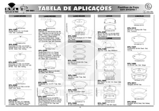 88.4x72.0x15.0
SYL-1284
Range Rover 3.5, 3.9 70>85
Tras. Sist. Lockheed
145.0x66.5x19.0
SYL-2280
Discovery 2.5 TD5, 4.0i V8 98> /
Range Rover 2.5D, 3.9i, 4.0i, 4.6i
94>02 Diant. Sist. Girling
LAND ROVER
122.2x41.0x15.5
SYL-1590
GS 300 3.0 V6 24V 93> Tras.
Sist. Akebono
131.7x77.4x16.5
SYL-2286
Range Rover III Sport 4.2 V8 4WD
07> Diant. Sist. Brembo
162.2x58.7x18.2
SYL-2285
Range Rover III 4.2, 4.4 / Range
Rover Sport 2.7, 4.2, 4.4 / Range
Rover 4.2, 4.4 02/05> / Discovery III
Td V6 2.7 / Discovery III V8 4.4 10/
04> Diant. Sist. Lucas/Girling
95.1x43.1x15.7
SYL-3280
Freelander 2.2, 3.2 07> Tras. Sist.
TRW
116.8x46.4x17.4
SYL-3281
Range Rover III 4.2, 4.4 02/05> /
Range Rover Sport 2.7, 4.2, 4.4 02/
05> / Discovery III Td V6 2.7, V8 4.4
10/04> / Discovery IV 5.0, IV Td V6
2.7, IV Td V6 3.0 10> Tras. Sist.
Lucas/Girling
LAND ROVER
LEXUS
LAND ROVER
88.6x72.0x15.0
SYL-2283
Defender 90 2.5D, 3.5 / Defender
110 2.5D, 3.5 / Defender 130 2.5D,
3.5 09/90> Tras. Sist. Lockheed
88.6x72.0x15.0
SYL-2284
Defender (LD) 90/110/130 2.5D 09/
90> / Defender (LD) 90/110/130 3.5
09/90> / Discovery I 3.5i 09/89>06/
94 / Discovery I 09/89>06/94 /
Discovery II 06/94>09/04 / Range
Rover I 07/70>09/94 / Range Rover
I 07 /70>07/94 Tras. Sist. Lockheed
155.2x66.3x19.0
155.2x71.6x19.0
SYL-3282
Range Rover Evoque 2.0 11> Diant.
Sist. Teves
155.5x73.5x18.3
SYL-2282
Range Rover 3.0 TD6, 4.4i 02>
Diant. Sist. Teves
94.6x51.5x16.5
SYL-2281
Discovery 2.5 TDS, 4.0i V8 98>
Range Rover 2.5D, 3.9i, 4.0i, 4.6i
94>02 Tras. Sist. Girling
LANÇAMENTO
LANÇAMENTO
143.1x58.4x17.5
SYL-1592
ES 300 3.0 01/92> Diant.
116.6x39.8x15.0
SYL-1591
LS 400 4.0 89> Tras. Sist.
Akebono
107.8x42.5x15.0
SYL-2381
RX 3.0 V6 300, 3.0 V6 300 4WD
00>01 / ES 3.0 300 91>96 Tras.
Sist. Akebono
LIFAN
83.0x38.0x15.0
SYL-1396
620 10> Tras. Sist. Akebono
LANÇAMENTO
116.5x51.5x16.5
116.5x54.4x16.5
SYL-1850
620 Talent 1.6 16V 10> Diant. Sist.
Akebono
103.0x47.5x14.0
107.8x47.5x14.0
SYL-1851
320 Elite 1.3 16V 09> Diant.
109.8x42.2x14.5
SYL-1213
MKZ 07> / Zepthyr 06> Tras.
Sist. Fomoco
124.0x66.5x17.5
SYL-1247
Continental 93>94 Diant. Sist.
Girling
142.6x48.1x17.0
SYL-2211
Navigator 98>99 Tras.
188.2x56.0x20.0
SYL-2219
Navigator 98>02 Diant. Sist. Kelsey
Hayes
LINCOLN
114.2x49.5x15.0
SYL-1460
LS 00>06 Tras. Sist. Varga
LEXUS
154.6x59.6x17.8
SYL-1606
IS 220 d (ALE20) Diant.
24
LANÇAMENTO
LANÇAMENTO
 