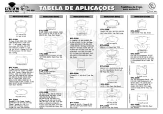 146.1x71.6x20.5
SYL-2299
C200 2.1 07> Diant. Sist. TRW
61.6x69.8x15.5
SYL-2296
C-Class 3.5, C 350 05>07 Tras. Sist.
Teves
131.8x70.0x19.5
SYL-2297
Classe B 180 05> / Classe B 200,
200 CDI, 200 Turbo 03/05> Diant.
Sist. Lucas
95.5x41.5x14.5
SYL-2298
Class B 150, 200, 180 CDI, 200 CDI,
200 Turbo 03/05> Tras. Sist. Lucas
27
MERCEDES BENZ
63.7x62.9x15.5
SYL-2290
C180, C200, C220 (W202), C250
93> / C230 / E 200, E 220, E 230
(W210) 95> Tras. Sist. Teves
173.6x84.2x27.0
SYL-2291
Accelo 712-715, 812-823, 917-925,
1017-1023 09/03> Diant./Tras. Sist.
Knorr
141.3x59.6x18.0
140.0x51.7x18.0
SYL-2295
GL-Class 4.7 GL 450 V8 4WD, 5.5
GL 500 V8 4WD, 3.0 06> / M-Class
3.5 ML 350 4WD, 3.7 ML 350 4WD,
5.0 ML 500 05> / M-Class 5.0 ML 500
4WD 07> / M-Class 4.0 ML 420 Cdi
V8 4WD 06> / R-Class 3.0 R 280, 3.0
R 280 4WD, 3.5 R 350, 5.5 R 500
07> / R-Class 3.5 R 350 4WD, 5.0 R
500 4WD, 6.2 R 63AMG 06> Tras.
Sist. Teves
249.6x118.4x28.0
SYL-2292
O 340, O 350, O 404 91>
Diant. Sist. Meritor
192.9x70.2x20.0
194.3x70.2x20.5
SYL-2294
GL-Class 4.7 GL 450 V8 4WD 06> /
M-Class 3.5 ML 350 4WD, 3.7 ML
350 4WD, 5.0 ML 500 05> /
M-Class 5.0 ML 500 4WD 07> /
M-Class 4.0 ML 420 Cdi V8 4WD
06> / R-Class 3.0 R 280, 3.0 R 280
4WD, 3.5 R 350, 5.5 R 500 07> /
R-Class 3.5 R 350 4WD, 5.0 R 500
4WD, 6.2 R 63AMG 06> Diant.. Sist.
Teves
MERCEDES BENZ MERCEDES BENZ
116.5x63.7x18.8
SYL-2301
B170 1.7 05> Diant. Sist Bosch
140.2x57.2x16.8
141.1x59.5x16.8
SYL-2302
E 320 02> Tras. Sist. Teves
70.9x72.0x15.5
SYL-2303
S 500 5.0 98> Tras. Sist. Teves
150.3x66.2x20.0
151.4x60.1x20.0
SYL-2304
CLK 230 2.3 Kompressor 97>00 /
CLK 320 3.2 16V 97>02 / E 240 2.4
97>00 / E 240 2.6 00>02 / SLK 230
2.3 Kompressor 96>04 Diant. Sist.
Teves
MERCEDES BENZ
122.5x54.7x17.8
122.5x52.5x17.8
SYL-2300
C200 2.1 07> / GLK 300 3.0 V6 24V
4x4 10> / GLJ 280 3.0 V6 24V 4x4
09> Tras. Sist. Teves
61.5x58.1x14.9
SYL-2306
200, 300 Kompressor 96>97 / 500
E 91>93 / 190E Evolution II 2.5i
90>93 / 200 E, TE / 220 E / 230 E /
250 D, TD, Turbo-D / 260 E, TE
4matic / 300, 300 D, TD 4 matic,
Turbo-D 4matic 84>93 Tras. Sist.
Teves
LANÇAMENTO
101.8x79.6x16.5
SYL-3290
C-Class (W203) C 350 05> Diant.
Sist. Brembo
131.1x69.8x18.8
131.1x62.1x18.8
SYL-1308
C Class C180, C200 CDi, C200,
C200 Kompressor, C220 CDi
02> / CLK Coupè/ Cabrio 200
Kompressor, 200 CGi, 240, 270
CDi, 320 02> / Classe C - 230
1.8 16V 02>07 / Classe CLC 200
16V Kompressor 1.8 09> Diant.
Sist. Girling
117.8x71.5x16.0
SYL-1309
C Class C230 Kompressor, C240,
C270, C270 CDi, C320, C32 AMG
00> /CLK Coupè / Cabrio 500 02> /
E Class E320 CDi, E320, E400,
E500 02> /M Class ML350, ML400
CDi, ML430, ML500, ML55 AMG
98> /S Class S280, S320 CDi,
S320, S430, S500, S600 98> /S
Class Coupè CL500, CL600, CL55
AMG 99>01 /SL500, 55 AMG 01>
Diant Sist. Brembo
MERCEDES BENZ
163.1x66.7x18.5
SYL-2268
Sprinter 311 Cdi Chassi, Furgão /
Sprinter 415 Cdi 15+1 Van, 9+1 Van,
Chassi / Sprinter 515 Cdi 17+1
Chassi, 20+1 Chassi, Chassi,
Furgão 12> Diant. Sist. Brembo
LANÇAMENTO
 