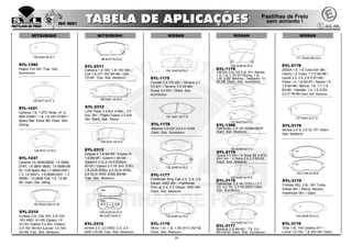 29
111.70x43.85x14.0
SYL-2178
200SX 1.8, 1.8 Turbo 83> 88 /
Cherry 1,5 Turbo, 1.7 D 82>86 /
Laurel 2.0, 2.4, 2.8 D 81>84 /
Praire 1.5, 1.8 82>87 / Sentra 1.5,
1.6 82>86 / Stanza 1.6, 1.7, 1.8
82>84 / Vanette, 1.4, 1.5 (C20),
2.0 D 78>85 Diant. Sist. Akebono
137.0x52.2x17.0
SYL-2177
Máxima 3.0i 88>92 / TX 2.0
95>02/00 Diant. Sist. Sumitomo
137.0x54.2x17.0
SYL-2179
Sentra 2.0 S, 2.0 SL 07> Diant.
Sist. Akebono
163.7x54.0x16.8
SYL-3175
Frontier SEL 2.5L 16V Turbo
Diesel 08> / Xterra, Navara,
Pathfinder 05> / Diant.
143.6X48.5X14.3
SYL-3176
Tiida 1.8L 16V (todos) 07> /
Livina 1.6 16V, 1.8 16V 08> Diant.
158.8x56.0x16.5
SYL-2176
Pathifinder 3.5 V6 11/01> / 2.7
TD, 3.2 TD, 3.3 V6 09/97 Diant.
Sist. Sumitomo
120.8x45.0x15.8
SYL-1178
Micra 1.0i, 1.3i, 1.5D (K11) 92>02
Diant. Sist. Akebono
151.3x51.3x17.0
SYL-1176
Máxima 3.0i QX VQ 3.0 10/94
Diant. Sist. Sumitomo
130.2x49.3x16.5
SYL-1177
Pathfinder King Cab 2.0, 2.4i, 2.5
Diesel, 4WD 85> / Pathfinder
Pick-up 2.4, 2.5 Diesel, 4WD 85>
Diant. Sist. Akebono
108.3x48.6x16.5
SYL-1179
100 NX 2.0i, SX 2.0i, 91> Sentra
1.4, 1.6, 1.7D 91>Sunny 1.4i,
1.6i, 2.0D (Berlina - Hatback) 11/
90>95 Diant. Sist. Sumitomo
163.8x56.9x17.0
SYL-2175
Quest 3.0 03> / X-Terra SE 2.8TD
4X4 04> / X-Terra 2.4,3.3 00>02
Diant. Sist. Akebono
160.1x49.5x16.6
SYL-1175
Frontier 2.8 TDI 02> / Terrano 2.7
TD 87> / Terrano 3.0 V6 88>
Quest 3.0 03> / Diant. Sist.
Sumitomo
98.20x44.20x14.30
SYL-2310
Eclipse 2.0i, GSi 16V, 2.0i GSi
16V 4WD 91>95 /Galant 1.8
91>93 /Galant 2.0 90> /Galant
2.4 16V 85>93 /Lancer 1.6 16V
92>95 Tras. Sist. Akebono
98.9x37.5x14.5
SYL-2311
Carisma 1.8 16V, 1.8i 16V 95> /
Colt 1.8 GTi 16V 94>96 / Colt
73>94 Tras. Sist. Akebono
155.4x51.0x16.0
SYL-2312
L200 Triton 3.2 Aut. e Mec., 3.5
Aut. 08> / Pajero Dakar 3.2 4x4
09> Diant. Sist. Tokico
108.0x41.0x15.5
SYL-2313
Eclipse II 1.8 94>99 / Ecipse III
1.8 99>05 / Galant V 94>96 /
Galant 2.0 GLS-GLX (EA2A)
97>01 / Galant 2.0 V6 24V (E50),
1.8 GLSi (E50), 2.0 GLSi (E50),
2.0 GLSi 4WD (E50) 93>96
Tras. Sist. Akebono
129.8x72.7x15.0
SYL-1437
Carisma 1.6 06/99-08/00, 1.8 05/95-
07/97, 1.8 08/97-08/00, 1.9 09/96-08/
00 / Colt Space Star 1.3 08/00-03/01,
1.3, 1.6 04/01>, 1.8 08/98-03/01, 1.3
08/98>, 1.8 08/98-7/00, 1.8, 1.9 08/
00> Diant. Sist. Girling
129.8x77.0x17.3
SYL-1431
Carisma 1.6, 1.9TD Roda 14” s/
ABS 03/99> / 1.8, 1.8 16V 07/95> /
Space Star Todos 98> Diant. Sist.
Girling
116.0x44.0x15.7
SYL-1392
Pajero Full 08> Tras. Sist.
Sumitomo
106.0x35.5x15.5
85.5x40.0x35.5
SYL-2315
Airtrek 2.0, 2.0 4WD, 2.4, 2.4
4WD 03>06 Tras. Sist. Akebono
NISSANNISSANMITSUBISHI MITSUBISHI NISSAN
137.8x53.8x17.0
SYL-1366
Pathfinder 3.0i V6 02/88>08/97
Diant. Sist. Akebono
 
