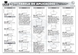 32
123.0x49.1x16.5
SYL-1340
Nevada 2.0, 2.1, 2.2 85>96 / R21 2.0,
2.1, 2.2, 86>94 Diant. Sist. Bendix
105.0x54.7x14.5
SYL-1346
Twingo 1.1, 1.2 93> Diant. Sist. Bendix
RENAULT RENAULT
RENAULT
99.9x64.8x17.3
SYL-1343
Clio RL 1.0, RN 1.0 99> /
Clio RL 1.6, RN 1.6, RT 1.6 96>00 /
Clio RT 1.6 16V 01> /
Clio Sedan RN 1.6 16V, Sedan RT
1.6 16V 00> / Megane Hatch RT 1.6
16V 98> / Megane Hatch RXE 1.6
16V 00> / Megane Hatch RXE 2.0
98>00 / Megane Sedan RT 16V 00> /
Megane Sedan RT 2.0 98>00 /
Megane Sedan RXE 2.0 98> / R19
RN 96> / Clio RN 1.6 16V 01> / R19
Chamade 1.7 GTX, 1.7 TXE 93> /
Megane Grandtour 1.6 16V, 2.0 16V
07> Diant. Sist. Girling
129.9x55.5x19.0
SYL-1344
Espace 2.9i V6 91>96 / Laguna 1.6,
1.8, 2.0, 2.2 T/TD, 3.0 V6 93> /
Laguna Grandtour 1.6, 1.8, 1.9D, 2.0,
2.2 D/TD, 2.9, 3.0 V6 95> / Megane
Cabrio, Coach 2.0 16V 96> / Megane
Scenic 1.6 98> / 1.9D, 1.9DTi, 1.9TD
2.0 96> / R5 1.4 Turbo 84>91 /
Safrane 2.0 16V, 2.1 TD, 2.2 TD, 2.2i,
2.520V,2.5TD,3.0V64x4,4x4
Biturbo 92> Diant. Sist. Girling
105.0x54.0x17.5
SYL-1345
Clio 93> / Espace 2.0, 2.1 84>91 /
Express 1.2, 1.4, 1.6, 1.9 92> /
Nevada 1.7 85>94 / R19 RN/RT
93> / R20 1.6, 2.0, 2.1, 2.2 80>84 /
R21 1.4, 1.7 86>94 / Rapid 1.0, 1.1
88> / Rapid 1.2, 1.4, 1.6, 1.9 86>
Diant. Sist. Bendix
99.5x64.5x16.0
SYL-1347
R15 1.4, 75>84 / R 12 1,3 70>80 /
R 12, R 18, R 45 84>90 / R 18 1.4,
1.6 78>82 Diant. Sist. Citroen
105.0x54.0x17.5
SYL-1349
R5, R9, R11, R12, R18, R19, R20,
R21 85> /Express 1.2, 1.4, 1.6, 1.9
92> /Nevada 1.7 85>94 /Rapid 1.0,
1.1, 1.2, 1.4, 1.6, 1.9 86> /Clio 1.2,
1.4, 1.9 90> /Clio, R19 RNT/RT
93> Diant. Sist. Bendix
138.8x79.8x18.0
SYL-1350
Master 1.9 Dti,1.9 Dci 09/00> /2.2
Dci 16V 10/00> /2.5 Dci, 2.8 Dti 10/
01> Diant. Sist. Bosch
115.8x51.2x16.5
SYL-1351
Master 1.9 Dti, 1.9 Dci 09/00> /
2.2 Dci 16V 10/00> /2.5 Dci, 1.8
Dti 10/01> Tras. Sist. Bosch
129.9x55.0x18.5
SYL-1348
Espace 2.9i V6 91>96 / Laguna
1.6, 1.8, 2.0, 2.2 T/TD, 3.0 V6 93>
/ Laguna Grandtour 1.6, 1.8,
1.9D, 2.2D/TD, 2.9, 3.0 V6 95> /
Megane Cabrio, Coach 2.0 16V
96> / Megane Scenic 1.6 98> /
1.9D, 1.9DTi, 1.9TD 2.0 96> / R5
1.4 Turbo 84>91 / Safrane 2.0
16V, 2.1 TD, 2.2 TD, 2.2i, 2.5 20V,
2.5TD, 3.0 V6 4x4, 4x4 Biturbo
98> / Megane Grandtour 1.6 16V,
2.0 16V 07> Diant. Sist. Girling
105.2x54.7x11.5
SYL-1140
Clio 1.4S, 1.7, 1.8, 1.8 RSI (ABS)
91>02/98 / 1.8i 16V, 2.0i 16V
Williams 90>02/98 / R19 1.2
Chamade, 1.4 Chamade (ABS) 09/
88>96 / 1.7 Chamade (ABS) 09/
88>04/92 / 1.7 Chamade (D53C)
TXE/RT 91>04/92 / 1.7 Chamade
(D53C) TXE/RT (ABS) 05/92>95 /
1.8 Chamade (ABS) 009/88>95 /
1.8i 16V Chamade 90>96 / 1.9 d/td
Chamade (ABS) 09/88>96 / Cabrio
2.0 16V 96> / Megane Coupè 16V
96> / R-11 1.4 Turbo 83>88 / R-5
1.4 Turbo, 1.7 Turbo 84> / R-9 1.4
Turbo 81>88 Tras. Sist. Bendix
130.8x47.2x17.2
SYL-1146
Kangoo 1.0i, 1.2i, 1.4i, 1.6i, 1.9D
97> Diant. Sist. Girling
RENAULT
100.0x64.0x17.5
SYL-1342
Espace 2.0, 2.1 84>91 / Nevada
1.7 85>94 / R5 1.1 87> / R5 1.2
84> / R9 1.1, 1.2, 1.4, 1.4 Turbo,
1.6, 1.7, 81>89 / R18 1.4, 1.6,
2.0, 2.1 82>86 / R19 RT, Fuego
93> / R20, 1.6, 2.0, 2.1, 2.2
80>84 / R21 1.4, 1.7 86>94 /
Rapid 1.0, 1.1 88> / Rapid 1.2,
1.4, 1.6, 1.9 86> / Twingo 1.1, 1.2
93> Diant.Sist. Girling
155.7x56.5x18.0
SYL-1341
Trafic 1.4 , 1.6, 1.7, 2.0, 2.1 84> / Trafic
2.2, 2.4, 2.5, 89> / Trafic Furgão 91>
Diant. Sist. Bendix
136.8x57.9x18.3
SYL-1202
Laguna 1.6, 1.8, 2.0, 2.2 T/TD,
3.0 V6 93> Diant. Sist. Bosch
87.5x51.4x14.7
SYL-1043
Megane Scenic 2.0 16V 96> /
Megane 1.6 16V Grandtour, 2.0
16V Grandtour 07> / Fluence 2.0
16V 10> Tras. Sist. Girling
55.7x53.0x12.5
SYL-1401
GTI, P018, GTC 81>84 /GTE 69>
80 / GTS 70>80 Diant. Sist. Teves
RENAULTRENAULT
98.2x68.0x15.4
SYL-1088
GTB 77>79 / GTB S2, S3 79>84
Diant. Sist. Varga
78.3x64.2x15.4
SYL-1108
GTB 73>76 Diant. Sist. Varga
PUMA
139.4x75.5x18.3
SYL-1226
914 89> Diant. Sist. Varga
PORSCHE
121.2x89.0x16.8
SYL-1561
Cayman 3.4 S 06> Diant. Sist.
Brembo
LANÇAMENTO
 