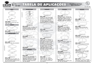 34
107.2x44.6x15.0
SYL-1373
Swift 1.0i, 1.3i, 1.3i 4x4, 1.3i Cabrio,
1.6i 4x4 89> / Swift 1.6i 90> / Swift 1.3
GTI, GXI 83>89 Diant. Sist. Akebono
116.5x45.2x15.0
SYL-1372
Sidekick 1.6, 1.6 16V 89> / Vitara
1.6i JLX 88>95, 1.9D, 1.9TD 97>
Diant. Sist. Akebono
110,0x55.1x14.0
SYL-1370
Sidekick 95> / Vitara 94>95 / Vitara
1.6, 2.0 95> Diant. Sist. Sumitomo
109.4x44.1x14.0
SYL-1371
Swift 1.0 90>95 Diant. Sist. Bendix
SUZUKI
108.0x38.9x14.6
SYL-1367
Forester 2.0i 97> /Impreza 1.6
09/96>12/00 / 1.6, 1.6 4WD, 1.8
4WD (ABS) 93>08/96 /2.0i 4WD
93>12/98 /2.0 Turbo GT 4WD 01/
97>08/98 /2.0 Turbo GT 4WD
93>01/97 /Impreza Coupè (GFC)
1.6. 1.6 4WD, 2.0 4WD (ABS)
96>12/00 /Legacy 1.8, 2.0 (ABS)
89>08/94 /1.8,2.0i, 2.0i 4WD
(ABS) 09/94>03/99 /2.0 Turbo
4WD 08/91>12/93 /2.2i 4WD
89>03/99 /2.5i 4WD 01/96>09/98
Tras. Sist. Sumitomo
137.0x53.8x17.0
SYL-1366
Legacy 1.8i, 2.0i, 2.2, 2.5 94>97
Diant. Sist. Akebono
108.1x41.6x14.5
SYL-1364
Forester 2.0, 2.0 S Turbo 09/02> /2.0,
2.0 S Turbo (ABS) 07/97>09/02 /
Impreza 1.6, 1.6AWD TS 01/01> /2.0i
4WD (ABS) 01/99>12/00 / 2.0 Turbo
09/98>12/00 / 2.0i 01/01> / 2.0i WRX
Sti 11/01> / 2.0i WRX Turbo 01/03>
Tras. Sist. Akebono
138.0x60.0x17.0
SYL-1365
Forester 2.0, 2.0S Turbo (ABS)
07/97>09/02 /Impreza 1.6 AWD
TS 01/01> / 2.0 Turbo 09/98>12/
00 / 2.0 Turbo GT 4WD 01/
97>08/98 / Legacy 2.0 04/99>12/
01 / 2.5i 10/98>12/01 / 2.5i 4WD
06/96>09/98 Diant. Sist. Akebono
SUBARU
149.0x58.0x17.0
SYL-2262
Action 2.0 4x4 08> Diant. Sist.
Akebono
98.5x41.0x15.0
SYL-2276
Rextron 02> Tras. Sist. Mando
SUBARU
127.4x54.0x16.5
SYL-1368
Impreza 4x2 1.6i, 1.8i 94> /
Impreza 4x4 1.6i, 1.8i 93>96 /
Justy 1.3i GL 96> / Legacy 1.8i,
2.0i, 2.2i, Berlina 89>93 Diant.
Sist. Akebono
127.8x58.0x17.0
SYL-1369
Impreza 2.0 Turbo, Turbo GT 11/
93>10/95 / Legacy 1.8 Turbo 4WD
09/89>05/96 / Legacy 2.0i 16V
Turbo 4WD, 2.0i GL, GL Wagon 01/
93>05/96 / Legacy 2.5 Todos 01/
96>05/96 Diant. Sist. Sumitomo
102.1x39.2x13.5
SYL-1289
Baleno 1.3i 16V, 1.6i 16V 4x4,
1.8i 16V 07/95>06/02 Tras. Sist.
Akebono
88.6x47.5x14.5
SYL-1258
SX4 2.0 16V 06> Tras. Sist.
Akebono
110.3x37.5x13.8
SYL-2366
Impreza 2.5 WRX Sti 08> Tras.
Sist. Akebono
LANÇAMENTO
157.0x63.5x18.0
SYL-2365
Outback 3.0i 03/03> / Legacy 3.0i
11/03> Diant. Sist. Akebono
137.0x56.8x16.8
SYL-2364
Legacy IV 2.0i, IV 2.5i 08/03> /
Outback 2.5i 11/03> / Impreza
WRX Turbo-STI 12/01>12/03 /
Impreza 1.5i 16V 4WD, 2.0D 16V
4WD 08> / Forester 2.0i 08>
Diant. Sist. Akebono
76.7x65.5x13.7
SYL-3364
Impreza 2.0i WRX, 2.0 WRX Turbo
08> Tras. Sist. Brembo
LANÇAMENTO
SSANGYONG
137.0x54.0x16.6
SYL-1022
Rextron 02> Diant. Sist. Sumitomo
SSANGYONG
113.9x55.0x14.4
SYL-1166
Korando 2.0i, 2,3i, 2.3i Cabrio, 3.2i,
2.9D Cabrio 97>99 / Musso 2.0, 2.3
TD, 2.9 Tdi 95>98 / Musso 2.9 DTiC
98>00 Tras. Sist. Bendix
119.0x69.5x19.0
SYL-2044
Exeo 1.6 16”, 2.0 Tdi CR 16/17” 09>
Diant. Sist. Girling
90.0x69.8x15.0
SYL-1530
For Two Coupê II 07> Diant. Sist. Bosch
SEAT
SMART 169.5x50.0x15.8
169.5x59.0x15.8
SYL-1810
Korando 2.0i, 2.3i, 2.3i Cabrio, 2.9D,
2.9D Cabrio, 2.9Tdi, 3.2i 97>99 /
Korando 2.2D 88>96 / Musso 2.0,
2.3TD, 2.9Tdi 95>98 Diant. Sist.
Girling
SUBARU
LANÇAMENTO
LANÇAMENTO
 