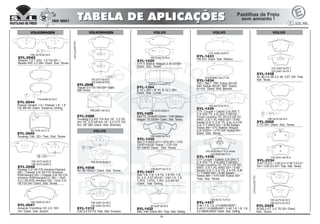 39
VOLVOVOLVO
123.0x51.8x16.4
SYL-2234
S 40 T-5 2.5 / V 50 2.4 / V 50 T-5 2.5 /
05> / C30 2.0 07> Tras. Sist. Teves
156.3x74.0x19.5
SYL-2005
C-70 00> Diant. Sist. Teves
123.2x63.5x18.7
123.2x61.5x18.7
SYL-1438
XC 90 2.9, 90 3.2, 90 2.5T 02> Tras.
Sist. Teves
129.8x72.7x15.0
SYL-1437
S 40 I 1.6, 1.8, 2.0 09/95-06/97 /
S 40 D 1.9 09/95-6/97 / V 40 1.6, 1.8, 1.9,
2.0 09/95-06/97 Diant. Sist. Girling
129.8x77.0x17.3
SYL-1431
S40 1.6, 1.8, 1.9 T4, 1.9 TD, 1.9
Di, 2.0, 2.0T 95>97 / V40 1.6, 1.8,
1.9T4, 1.9TD, 1.9Di, 2.0 95>97
Diant. Sist. Girling
156.4x58.5x19.3
SYL-1430
850 2.5 AWD 91> / S70 97> / V70
03/97>02/00 Todos / C70 03/
97>08/97 Diant. Sist. Teves
155.2x72.9x20.0
SYL-1429
S40 T5, T5AWD 02/04> / V50 Station
Wagon T5 03/04> Diant. Sist. Teves
156.3x67.0x18.0
155.2x62.5x18.0
SYL-1212
C30 2.0 07>10 Tras. Sist. Fomoco
119.0x69.5x19.0
SYL-2044
Passat Variant 1.8 / Passat 1.8, 1.9
Tdi 99>00 Diant. Sistema Girling
VOLKSWAGEN
84.7x70.3x17.0
SYL-2045
Touareg Tds. 02> Tras. Sist. Teves
155.2x72.9x20.0
156.3x72.9x20.0
SYL-2046
Passat 3.2i V6 FSI 4motion/Variant
08> / Passat 3.6i V6 FSI 4motion
R36/Variant 05> / Passat 3.6i V6 FSI
4motion R36/Variant/CC 06> / Golf
3.2 i V6 R32 4motion 03> / Eos 3.2i
V6 FSI 04> Diant. Sist. Teves
155.2x71.6x19.0
155.2x66.3x19.0
SYL-2048
Tiguan 2.0 TSI 16V 09> Diant.
Sist.Teves
LANÇAMENTO
169.2x61.8x19.2
SYL-2286
Touareg 2.5 RS TDi Aro 18”, 3.2 V6
Aro 18’, 4.2i V8 Aro 18”, 5.0 V10 TDi
Aro 18” 05> Diant. Sist. Brembo
165.0x68.0x18.0
SYL-2047
Amarok Trendline CD 2.0 16V
10> Diant. Sist. Bosch
VOLKSWAGEN
VOLVO
155.2x72.9x20.0
SYL-1058
XC 90 10/02> Diant. Sist. Teves
155.2x58.7x18.0
SYL-1220
V70 II Station Wagon 2.4I 03/00>
Diant. Sist. Teves
249.0x114.4x27.0
SYL-1354
B 10 L 93> / B 10, B 12 L 95>
Diant. Sist. Lucas
122.6x53.8x17.0 c/ mola
123.8x53.8x17.0
SYL-1436
C70 Coupè / Cabrio 2.0i 20V T,
2.3i 20V T5, 2.4i 20V T 00>02 /
Cross Country/ XC 70 2.5 D5 XC
AWD, 2.5i T XC AWD 02> / S 60
Sedan 2.0i T, 2.4i T5, 2.4 D5, 2.4i
T / T AWD 00> / S 80 Sedan
Todos 98> / V70 SW Todos 00>
Tras. Sist. Teves
113.40x60.70x17.20
SYL-1434
740 / 760 / 780 Todos 83>93
940 Todos 90>91 960 Todos
91>93 Diant. Sist. Bendix
155.4x72.5x18.5
SYL-1435
C70 Coupè / Cabrio 2.0i 20V T,
2.3i 20V T5, 2.4i 20V T 00>02 /
Cross Country/ XC 70 2.5 D5 XC
AWD, 2.5i T XC AWD 02> / S 60
Sedan 2.0i T, 2.4i T5, 2.4i, 2.4 D5,
2.4i T/ T AWD 00> / S 80 Sedan
Todos 98> V70 Station Wagon
2.4i 03/00> / V70 SW Todos 00>
Diant. Sist. Teves
210.3x85.2x29.5
SYL-1433
VM 03> Diant. Sist. Wabco
87.0x47.0x16.5
SYL-1432
S40, V40 Todos 95> Tras. Sist. Girling
155.2x75.0x19.5
156.5x74.3x19.5
SYL-2429
XC90 2.5T, 3.0 T6 02> Diant.
Sist. Teves
156.3x74.0x19.5
SYL-2042
Sharan 1.8 T 20V, 1.9 Tdi 00> /
Beetle RSI 3.2 98> Diant. Sist. Teves
VOLVO
LANÇAMENTO
 