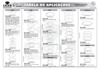 04
177.0x58.2x18.3
SYL-1115
Escalade (eixo dianteiro) 02 /
Escalade 4WD (eixo dianteiro),
RWD (eixo dianteiro) 03>06
LANÇAMENTO
139.6x68.0x17.0
SYL-2060
Série 5 535i GT 3.0, 7ActiveHybrid
10> Tras. Sist. Teves
BMW
139.6X68.0X17.0
SYL-2061
X6 XDrive 50i 08>09 Tras. Sist. Teves
147.7x61.7x18.0
SYL-1118
De Ville 4.6 (U.S.A) 96>99 / Eldorado
VII4.6(U.S.A)96>02/SevilleIV4.6
SLS V8 (U.S.A) 96>97 Diant. Sist.
Wagner
LANÇAMENTO
LANÇAMENTO
CADILLAC
122.9x59.2x16.5
SYL-1067
3 (E46) Berlina / Sedan / Touring /
Cabrio 330 d, 330 dX, 330 i, 330
iX 02/98> / 3 Coupe (E46) 330
Cd, 330 Ci, M3 3.2 i, M3 CSL 04/
99> / 5 (E34) Berlina / Touring M5
3.8 01/88>11/95 / 7 (E38) 740 i,
740 il, 750 i, 750 il 10/94>11/01 /
8 (E31) 850 Csi, 850 i, 850 Ci 04/
90>12/99 Tras. Sist. Teves
154.4x63.2x20.0
SYL-1068
Série-1 130i 3.0 24V, Série-3 320i
2.0 24V, Série-3 325i 2.5 24V,
Série-3 330i 3.0 24V 05> / Z4 2.3i,
2.5i, 3.0i 09> / Z4 2.0i, 2.8i 11>
Diant. Sist. Teves
122.9x43.4x17.0
123.0x48.1x17.0
SYL-1069
Série-1 130i 3.0 24V, Série-3 320i
2.0 24V, 325I 2.5 24V, 330I 3.0 24V
05> Tras. Sist. Teves
131.0x54.0x17.8
131.0x65.0x17.8
SYL-1070
Série-1 (E81/87) 116i 1.6, 118i
2.0, 120i 2.0, 118D 2.0 04> Diant.
Sist. TRW
151.3X57.5X17.0
SYL-1071
Z3 2.0, 2.8 98>00 / Z3 2.2, 3.0
00>02 Diant. Sist. Teves
139.6x68.0x17.0
SYL-1073
M3 4.0 07> / 745i 01>08 / X5 4.8,
X5 3.0, 525i 3.0, 530i 3.0 07>10 /
540i 3.0 05>10 / M5 5.0, 545i 4.4
04>10 / 645 4.4 03> / M6 5.0 05>
Tras. Sist. Teves
171.5x77.1x20.0
SYL-1072
M3 4.0 07> / 745i 01>08 / X5 4.8,
X5 3.0, 525i 3.0, 530i 3.0 07>10 /
540i 3.0 05>10 / M5 5.0, 545i 4.4
04>10 / 645 4.4 03> / M6 5.0 05>
Diant. Sist. Teves
LANÇAMENTO
151.3x57.5x17.0
149.3x57.5x17.0
SYL-1079
320i 2.0 16V 05> / 120i 2.0 04>10
Diant. Sist. Teves
61.7x61.4x15.0
SYL-1095
Catera 97>01 Tras. Sist. Teves
CADILLAC
216.0x66.6x18.2
SYL-2086
Deville 00>05 / DTS 06> Diant.
LANÇAMENTO
142.2x51.9x17.1
SYL-2080
Deville 00> / DTS 06>08 Tras.
182.6x56.5x13.3
SYL-3087
CTS 3.6 / STS 3.6 03/05> Diant.
106.5x50.0x15.0
SYL-1024
Face 1.3 16V 10> / S-18 1.3 16V
12> Diant.
183.9x61.1x16.3
SYL-3094
Escalade 02>06 Tras.
106.5 x 50.0 x 15.0
SYL-1024
Cargo; Utility; Family 06> Diant.
CHERY
CADILLAC
LANÇAMENTO
CHANA
180.7x59.2x13.7
SYL-1704
CTS 07 Diant.155.2x68.3x20.3
SYL-2062
Série 3 (E90) 330i 05>06 / Série 6
(E63)/E64) M6 04> Diant. Sist. Teves
109.6x50.0x16.0
SYL-1152
X5 (E53) 4.8 02>03 Diant. Sist.
Teves
LANÇAMENTO
LANÇAMENTO
BMW BMW
 