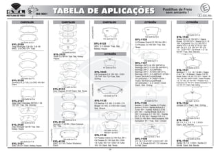 CITROEN
130.8x60.4x16.8
SYL-1144
Xantia 1.6, 1.8, 1.9 93> / Xantia 2.0
93>98 Diant. Sist. Bendix
105.2x54.5x18.0
SYL-1143
BX 1.4, 1.5, 1.6, 1.8, 1.9 83>
Diant. Sist. Bendix
145.0x61.3x18.5
SYL-1142
Jumper 97> Diant. Sist. Girling
105.2x54.7x11.5
SYL-1140
Xsara GLS 2.0 16V 97> / Xsara
Break 1.8 16V 97> / Xsara GLX 1.8
16V, Exclusive 1.8, 2.0 16V 97> /
Xsara VTS 1.8 16V, VTS 2.0 16V
98> ZX 2.0, 2.0i 16V 91> 97 /ZX
1.6, 1.8 91>97 / ZX Break 1.6 1.8
93>97 Tras. Sist. Bendix
129.8x56.2x18.3
SYL-1141
Berlingo 1.1, 1.4, 1.8, 1.9 96> / Xsara
(1.4i, 1.6i, 1.8i Break) / Xsara 1.9i TD
Break/ Xsara 1.8i 16V VTS 97> / Xsara 1.8i
16V, 2.0i 16V 04/97>10/00 / Xsara Picasso
1.6, 1.8 16V, 2.0 16V 00> / Picasso GLX,
Exclusive 2.0 16V 01> /Xsara Exclusive 1.8,
2.0 16V 97> Diant. Sist. Girling
54.0x65.0x15.0
SYL-1138
Xantia 2.0 98> / Xantia 2.0 Turbo,
Activa 2.0 93> / Xantia Activa 2.0
Turbo 95> / Xantia Activa 3.0 V6
24V 96> / Xantia Break GLS 2.0
16V, Exclusive 2.0 16V 93> / Xantia
SX 1.8 16V 95> / Xantia VSX 2.0,
VSX 2.0 16V 93> / XM Exclusive, XM
Sensation 91> Tras. Sist. Citroen
100.0 x 64.0 x 18.0
SYL-1139
ZX 1.6, 1.8 91>97 / 2.0i 91>97 / ZX
1.6, 1.8 Break 93>97 / ZX Volcane
91>98 Diant.
129.8x56.2x17.5
SYL-1137
Berlingo (MF)1.6i 16V (MFNFU),
Berlingo (MF) 2.0 HDI 90 (MFRHY),
Berlingo (MF) 1.8 D (MFA8A),
Berlingo (MF) 1.8i 4WD (MFLFX),
Berlingo (MF) 1.9 D (MFDJY) 07/96> /
Xsara Berlina/Coupe/Break
(N1)(N0)(N2) 1.4i 04/97>10/04 /
Xsara Berlina/Coupe/Break
(N1)(N0)(N2) 1.9 D 04/97>10/04
Diant. Sist. Girling
87.2x53.0x15.0
SYL-1043
C8 Exclusive 2.0 16V 02> / DS3
1.6 THP 16V 12>Tras. Sist.
Girling
116.6x45.4x16.7
SYL-2129
Jeep Wrangler 3.8i V6, 3.8i V6
4WD, 2.8 CRD 07> Tras.
146.6x63.6x17.5
SYL-2130
Journey 2.4, 2.7 V6, 2.0 CRD 16V 08>
Diant.
109.5x69.3x15.4
SYL-2131
Jeep Gran Cherokee SRT8 6.1 V8
16V 05> Tras. Sist. Brembo
140.5x49.5x14.6
SYL-3120
Jeep Wrangler 02>06 Tras. Sist.
Kelsey Hayes
183.8x55.0x17.8
SYL-3121
300C V8 07> Diant. Kelsey Hayes
133.6x40.0x16.6
SYL-3122
300M 3.5 98>04 Tras. Sist. Kelsey
Hayes
172.3x65.3x18.8
SYL-3123
Gran Caravan 01>07 Diant. Sist. Teves
116.0x53.0x16.8
SYL-3130
Journey 2.7 V6 09> / Gran Caravan
10> Tras.
102.0x48.5x16.0
SYL-1135
C4 Picasso Grand 2.0 16V Aut. 08> /
C4 Picasso 2.0 16V 09> Tras. Sist.
Teves
155.0x66.3x19.0
155.0x71.6x19.0
SYL-1134
C4 Picasso Grand 2.0 16VAut. 08> /
C4 Picasso 2.0 16VAut. 09> / DS4
1.6 Turbo 16V 13> / DS5 1.6 Turbo
16V 13> Diant. Sist. Teves
CHRYSLERCHRYSLER CITROEN
CITROEN
09
148.9x48.1x17.8
SYL-1133
C5 Berlina 1.8 16V, 2.0 HDI / C5
Break 1.8 16V, 2.0 HDI 00> Diant.
Sist. Bosch
101.2x57.5x17.0
SYL-5122
300C 3.5 09/04> Tras. Sist.
Kelsey Hayes
150.4x56.0x17.6
SYL-4130
300C 3.5 V6 (Todos Modelos)
Diant.
CHRYSLER
LANÇAMENTO
LANÇAMENTOLANÇAMENTO
 