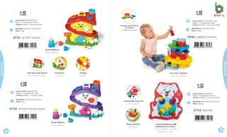 Peças didáticas.
Piezas didácticas.
0714 . ACTIVITY HOUSE
+
me
1
s
8
es
Caixa master 76x36x36,5cm
Sacola – 3 unidades por caixa
Volume 0,0999m³ · Peso bruto 3,05kg
Brinquedo Tamanho: 33,5x24x34,5cm
Peso 0,72kg
7 898664 631189
0724 . ACTIVITY HOUSE ROSA
+
me
1
s
8
es
Caixa master 76x36x36,5cm
Sacola – 3 unidades por caixa
Volume 0,0999m³ · Peso bruto 3,05kg
Brinquedo Tamanho: 33,5x24x34,5cm
Peso 0,72kg
7 898664 631202
Dois lados para brincar.
Dos lados para jugar.
Fechadura.
Cerradura.
Tobogã.
Tobogán.
Peças didáticas.
Piezas didácticas.
18
çati
Vem com 2 bolinhas.
Ven con 2 pelotas.
9 peças para brincar
de montar.
9 piezas para jugar
+
me
1
s
8
es
Brinquedo Tamanho:30x32x39cm
Peso 0,646kg
0893 .MONTA CASTELO
4 peças didáticas de a
p
e
r
t
a
r
c
o
mdesenhos em relevo.
4 piezas didácticas para exprimir
condibujos em relieve.
+
me
1
s
2
es
Brinquedo Tamanho: 26,6x30,5x15,3cm
Peso 0,0462kg
Caixa master 34x34x40cm
Sacola – 3 unidades por caixa
Volume 0,0462m³ . Peso bruto 2,31kg
0743 .DOG MIX
Tampa giratória.
Tapa giratoria.
Cachorrinho removível.
Perrito removible.
Caixa master 75,4x32,9x31,3cm
Sacola – 3 unidades por caixa
Volume 0,0776m³ . Peso bruto 2,498kg
19
Educativos
Educativos
 