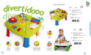 34
r
Peças que
encaixam.
Piezas que
desencastram.
Peça giratória
com som.
Pieza giratoria
con sonido.
Ao apertar as teclas,
as luzes acendem.
Al apretar las teclas las
luces se encienden
Com som.
Con sonido.
Brinquedo Tamanho: 42x50x31cm
Peso 1,28kg
0812 .SMART TABLE
7 898664 631295
+
me
1
s
8
es
Com som
Con sonido
Caixa master 36x36,5x36cm
Caixa micro-ondulada c/ Visor
3 Unidades por caixa
Volume 0,0473m³ · Peso bruto 3,53kg
Brinquedo Tamanho: 34,2x35,5x21,7cm
Peso 0,732kg
0883 .MUSIC TABLE
7 898664 631547
meses
+12
Com som
Con sonido
Com luz
Con luces
35
Caixa master 51,5x44x44cm
Caixa micro-ondulada c/ Visor
3 Unidades por caixa
Volume 0,0997m³ Peso bruto 6,05kg
Ursinho removível
com som.
Osito removible
con sonido
Esfera e engrenagens giratórias.
Esfera y engrenajes giratorios
Educativos
 