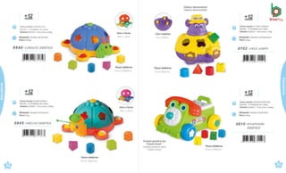 Peças didáticas.
Piezas didácticas.
Peças didáticas.
Piezas didácticas.
Abre e fecha.
Abre y cierra.
Abre e fecha.
Abre y cierra.
+
me
1
s
2
es
Brinquedo Tamanho:35x25x16cm
Peso 0,5kg
Caixa master 42x36,5x39cm
Sacola · 4 Unidades por caixa
Volume 0,0598m³ · Peso bruto 2,784kg
0845 .ABELHA DIDÁTICA
7 898664 631363
Brinquedo Tamanho:35x25x16cm
Peso 0,492kg
Caixa master 49x36x31cm
Sacola · 4 Unidades por caixa
Volume 0,0547m³ · Peso bruto 2,62kg
+
me
1
s
2
es
0840 .CARACOL DIDÁTICO
7 898664 631356
52
çati
53
Peças didáticas.
Piezas didácticas.
0610 .RIVAPHONE
DIDÁTICO
+
me
1
s
2
es
Caixa master 49,5x34,5x35,5cm
Sacola · 4 Unidades por caixa
Volume 0,0606m³ · Peso bruto 3,336kg
Brinquedo Tamanho:32x24x20cm
Peso 0,65kg
7 898664 631127
Com rodinhas.
Con rueditas.
Peças didáticas.
Piezas didácticas.
+
me
1
s
2
es
Brinquedo Tamanho:19,5x20x20,8cm
Peso 0,25kg
Caixa master 41,3x41,3x25cm
Sacola · 5 Unidades por caixa
Volume 0,0426m³ · Peso bruto 1,72kg
0702 .URSO JUMPY
7 898664 631141
çati
Educativos
Educativos
Teclado giratório faz
“Creck-Creck.”
Teclado giratorio hace
“Creck-Creck”
Cabeça desmontável.
Cabeza desmontable.
 