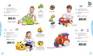 +
me
1
s
2
es
Brinquedo Tamanho: 43x33x23cm
Peso 0,87kg
Caixa master 60x35x45cm
Sacola · 4 Unidades por caixa
Volume 0,0945m³ · Peso bruto 4,34kg
0705 .CARRINHO ENCANTADO
7 898664 631158
Engrenagens giratórias.
Engranajes giratorios.
0849 .FALAFONE
Brinquedo Tamanho:21,3x29,8x20cm
Peso 0,637kg
Caixa master 53x30,4x43cm
Caixa micro-ondulada c/ Visor
4 Unidades por caixa
Volume 0,0693m³ · Peso bruto 4,15kg
meses
+18
Com som
Con sonido
Com luz
Con luces
7 898664 631370
54
çati
55
Peças didáticas.
Piezas didácticas.
A portinha abre.
La puerta abre.
+
me
1
s
2
es
Brinquedo Tamanho: 27,8x18,3x18,3cm
Peso 0,41kg
Caixa master 56,5x38x20cm
Sacola · 4 Unidades por caixa
Volume 0,0429m³ · Peso bruto 2,245kg
3033 .TOM TOM CAR
Caixa master 67x28x24cm
Caixa micro-ondulada c/ Visor
6 Unidades por caixa
Volume 0,045m³ · Peso bruto 3,7kg
Brinquedo Tamanho:24,2x10,6x18,8cm
Peso 0,405kg
3032 .ANIMA TREM
+
me
1
s
2
es
Com som
Con sonido Vídeo
çati
Educativos
Educativos
Engrenagens giratórias.
Engranajes giratorios.
Com sortimento
no adesivo.
Con surtido en la
pegatina
Com esfera giratória e
luzes ao tocar as teclas.
Con esfera giratoria y
luces al apretar las teclas.
Peças didáticas e
livrinho que desencaixa.
Piezas didácticas y libro
que se desencastra.
Peças
empilháveis.
Piezas apilables.
Telefone e peças
didáticas.
Teléfono y piezas
didácticas.
 