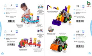 .
Brinquedo Tamanho:52,4x10,6x20,2cm
Peso 0,842kg
Caixa master 53,5x35x24,5cm
Caixa micro-ondulada c/ Visor ·
3 Unidades por caixa
Volume 0,0459m³ · Peso bruto 3,7kg
3031 .ZOO TREM
3030 .ANIMA TREM
BLOCKS
Brinquedo Tamanho:52,4x10,6x19,8cm
Peso 0,805kg
Caixa master 53,5x35x24,5cm
Caixa micro-ondulada c/ Visor
3 Unidades por caixa
Volume 0,0459m³ · Peso bruto 3,75kg
Vídeo
+
me
1
s
2
es
Com som
Con sonido
Vídeo
+
me
1
s
2
es
Com som
Con sonido
56
çati
57
Caçamba removível.
Cubo removible.
Peças para brincar de encaixar.
Piezas para jugar y encajar.
Vídeo
+
me
1
s
2
es
Vídeo
+
me
1
s
2
es
Caixa master 47,5x41,5x37cm
Sacola · 4 Unidades por caixa
Volume 0,0729m³ ·Peso bruto 3,6kg
Brinquedo Tamanho: 48x19,7x23,9cm
Peso 0,716kg
0877 .RODADINHOS
BLOCKS TRATOR
Caixa master 57,5x40,5x43cm
Sacola · 6 Unidades por caixa
Volume 0,1001m³· Peso bruto 4,9kg
Brinquedo Tamanho: 37x19,7x22,9cm
Peso 0,652kg
0878 .RODADINHOS
BLOCKS TRUCK
çati
Educativos
Educativos
Ao empurrar o
trem, os blocos se
movem.
Al empujar el tren las
piezas se mueven.
Animaizinhos para
encaixar.
Animalitos para
encajar.
Engrenagens
giratórias.
Engranajes giratorios.
Blocos empilháveis.
Bloques didácticos
apilables.
Diversas atividades
didáticas no trem.
Várias actividades
didácticas.
Engrenagens giratórias.
Engranajes giratorios.
Ao empurrar o brinquedo, os
animaizinhos se mexem.
Al empujar el juguete los
animalitos se mueven
Motorista com encaixe.
Conductor para encajar.
 