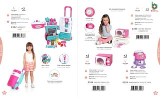 Pode colocar líquidos.
Puedes poner líquidos.
Abre e fecha.
Abre y cierra.
Caixa master 55,5x26x45cm
Caixa micro-ondulada
2 Unidades por caixa
Volume 0,0649m³ Peso bruto 5,05kg
Brinquedo Tamanho:27x23,5x42cm
Peso 1,9kg
anos
+3
Com água
Con agua
0304 .MOBILITY
CHEF
84
de
C
Não acompanha banqueta.
No viene con taburete.
Brinquedo Tamanho:21x25x24cm
Peso 0,67kg
0356 .MÁQUINA DE SUCO E CAFÉ
Caixa master 41x25x47cm
Sacola · 4 Unidades por caixa
Volume 0,0482m³ Peso bruto 3,28kg
7 898664 630946
Brinquedo Tamanho:18x22,8x14,6cm
Peso 0,508kg
0344 .MICRO-ONDAS 1.0
Caixa master 37,5x24,5x36cm
Caixa micro-ondulada c/ Visor
4 Unidades por caixa
Volume 0,0331m³Peso bruto 3,05kg
7 898664 630908
O botão gira.
El botón gira.
Brinquedo Tamanho: 18x22,8x14,6cm
Peso 0,615kg
Caixa master 48,5x38x29,5cm
Caixa micro-ondulada c/ Visor
4 Unidades por caixa
Volume 0,0544m³ Peso bruto 3,75kg
+
an
3
os
Com som
Con sonido
0346 .MICRO-ONDAS
COMPLETO
7 898664 630915
+
an
3
os
Com som
Con sonido
+
an
3
os
Com água
Con agua
85
de
C
Faz
de
conta
de
ContaFaz
de
conta
Com louça e acessórios.
Con vajilla y accesorios.
Avisa quando a
comidinha está
pronta!
¡Avisa cuando la
comidita está lista!
Com louça e acessórios.
Con vajilla y accesorios.
 