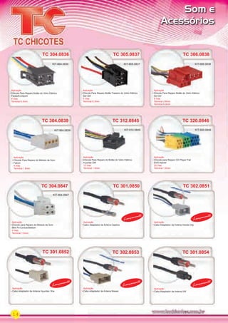 14
TC 306.0838
TC 304.0839
TC 304.0847
TC 301.0852
TC 312.0845
TC 301.0850
TC 302.0853
TC 320.0846
TC 302.0851
TC 301.0854
Aplicação
Chicote Para Reparo Botão do Vidro Elétrico
Gol GV
6 Vias
Terminal 2.8mm
Terminal 6.3mm
Aplicação
Chicote Para Reparo do Módulo de Som
Falcon
4 Vias
Terminal 1.6mm
Aplicação
Chicote para Reparo do Módulo de Som
Mini Fit-Corzus/Stetson
4 Vias
Terminal 1.6mm
Aplicação
Cabo Adaptador de Antena Hyundai / Kia
Aplicação
Chicote Para Reparo do Botão do Vidro Elétrico
4 portas GM
12 Vias
Terminal 1.6mm
Aplicação
Cabo Adaptador da Antena Captiva
Aplicação
Cabo Adaptador de Antena Nissan
Aplicação
Chicote para Reparo CD Player Fiat
DVD Alpiner
20 Vias
Terminal 1.6mm
Aplicação
Cabo Adaptador da Antena Honda City
Aplicação
Cabo Adaptador da Antena VW
KIT-906.0838
KIT-904.0839
KIT-904.0847
KIT-912.0845 KIT-920.0846
TC 305.0837
Aplicação
Chicote Para Reparo Botão Traseiro do Vidro Elétrico
Gol GIII
5 Vias
Terminal 6.3mm
KIT-905.0837
KIT-904.0839
TC 304.0847
KIT-904.0847
TC 301.0852
TC 312.0845
KIT-912.0845 KIT-920.0846
TC 301.0854
Lançamento
Lançamento
Lançamento
Lançamento
Lançamento
Lançamento
TC 302.0851
Lançamento
Aplicação
KIT-906.0838
TC 304.0836
Aplicação
Chicote Para Reparo Botão do Vidro Elétrico
Fiesta/EcoSport
4 Vias
Terminal 6.3mm
KIT-904.0836
Som e
Acessórios
PARTE_01.indd 14 04/04/13 19:12
 