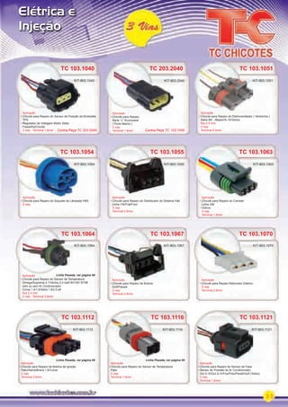 33
Elétrica e
Injeção
TC 103.1055
Aplicação
Chicote para Reparo do Distribuidor do Sistema Hall
Linha VW/Fiat/Ford
3 vias
Terminal 2.8mm
KIT-903.1055
TC 103.1054
Aplicação
Chicote para Reparo do Soquete da Lâmpada HB5
3 vias
Aplicação
KIT-903.1054
TC 103.1063
Aplicação
Chicote para Reparo do Canister
Linha GM
Outros
3 vias
Terminal 1.6mm
Aplicação
KIT-903.1063
TC 103.1064
Aplicação
Chicote para Reparo do Sensor de Temperatura
Omega/Suprema 4.1/Vectra 2.0 mpﬁ 8V/16V 97/98
com ou sem Ar Condicionado/
Corsa 1.4/1.6/Astra 1.8/2.0 eﬁ
ﬁos 2.5 mm
3 vias - Terminal 2.8mm
TC 103.1064
KIT-903.1064
TC 103.1067 TC 103.1070
Aplicação
Chicote para Reparo da Bobina
Golf/Passat
3 vias
Terminal 2.8mm
Aplicação
Chicote para Reparo Retrovisor Eletrico
3 vias
Terminal 2.8mm
Aplicação
Chicote para Reparo da Bobina
KIT-903.1067 KIT-903.1070
TC 103.1070
KIT-903.1070
TC 103.1112
Aplicação
Chicote para Reparo da Bobina de Ignição
Palio/Siena/Brava 1.6/Corsa
3 vias
Terminal 2.8mm
KIT-903.1112
TC 103.1116
Aplicação
Chicote para Reparo do Sensor de Temperatura
Palio
3 vias
Terminal 1.6mm
TC 103.1116
KIT-903.1116
TC 103.1121
Aplicação
Chicote para Reparo do Sensor de Fase
Sensor de Pressão do Ar Condicionado
Gol G III/Gol G IV/Fox/Polo/Parati/Golf (Todos)
3 vias
Terminal 1,6mm
KIT-903.1121
TC 203.2040
Aplicação
Chicote para Reparo
Série “J” /Econoseal
( Porta Macho )
3 vias
Terminal 1.6mm
TC 203.2040
Aplicação
KIT-903.2040
TC 103.1040
Aplicação
Chicote para Reparo do Sensor de Posição da Borboleta
TPS
Regulador de Voltagem Motor Zetec
Fiesta/Ka/Courier
3 vias - Terminal 1.6mm
TC 103.1040
Aplicação
KIT-903.1040
TC 103.1051
Aplicação
Chicote para Reparo do Eletroventilador ( Ventoinha )
Astra 99/.../Blazer/S-10/Vectra
ﬁos 2.5 mm
3 vias
Terminal 6.3mm
TC 103.1051
KIT-903.1051
Contra-Peça TC 103.1040Contra-Peça TC 203.2040
Linha Pesada, ver página 60
Linha Pesada, ver página 60Linha Pesada, ver página 60
PARTE_01.indd 33 04/04/13 19:21
 