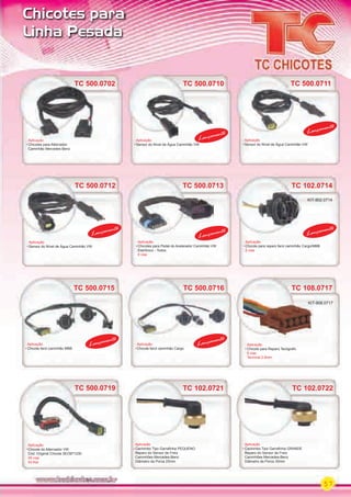 57
Chicotes para
Linha Pesada
TC 500.0702
Aplicação
Chicotes para Alternador
Caminhão Mercedes-Benz
TC 500.0702
Aplicação
Aplicação
Chicotes para Pedal do Acelerador Caminhão VW
Eletrônico - Todos
6 vias
TC 500.0713
Lançamento
TC 500.0713
Lançamento
KIT-902.0714
TC 102.0714
Aplicação
Chicote para reparo farol caminhão Cargo/MBB
2 vias
Lançamento
TC 500.0715
Aplicação
Chicote farol caminhão MBB
TC 500.0716
Aplicação
Chicote farol caminhão Cargo
Lançamento
Lançamento
TC 108.0717
Aplicação
Chicote para Reparo Tacógrafo
8 vias
Terminal 2.8mm
KIT-908.0717KIT-908.0717
TC 500.0719
Aplicação
Chicote do Alternador VW
Cód. Original Chicote 2EO971230
05 vias
04 ﬁos
TC 102.0721
Aplicação
Cachimbo Tipo Garraﬁnha PEQUENO
Reparo do Sensor de Freio
Caminhões Mercedes-Benz
Diâmetro da Porca 25mm
TC 102.0721 TC 102.0722
Aplicação
Cachimbo Tipo Garraﬁnha GRANDE
Reparo do Sensor de Freio
Caminhões Mercedes-Benz
Diâmetro da Porca 30mm
TC 102.0722
Aplicação
Sensor do Nível de Água Caminhão VW
TC 500.0710
Lançamento
Lançamento
Aplicação
Sensor do Nível de Água Caminhão VW
Aplicação
Sensor do Nível de Água Caminhão VW
TC 500.0711
TC 500.0712
Lançamento
Lançamento
TC 500.0712
Lançamento
TC 500.0711
Lançamento
PARTE_02.indd 57 04/04/13 18:56
 