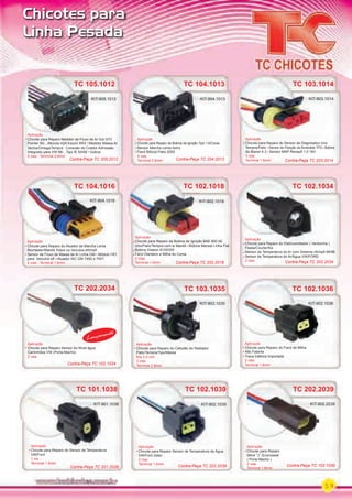 59
Chicotes para
Linha Pesada
TC 105.1012
Aplicação
Chicote para Reparo Medidor de Fluxo de Ar Gol GTI/
Pointer 95/.../Monza mpﬁ Escort XR3 Medidor Massa Ar
Vectra/Omega/Tempra Conexão do Coletor Admissão
Integrado para VW 96/...Tipo IE 93/95 Outros
5 vias - Terminal 2.8mm
TC 105.1012
Aplicação
KIT-905.1012
Contra-Peça TC 205.2012
TC 104.1013
Aplicação
Chicote para Reparo da Bobina de Ignição Tipo 1.6/Corsa
Sensor Marcha Lenta Astra
Farol Bifocal Palio 2000
4 vias
Terminal 2.8mm
KIT-904.1013
Contra-Peça TC 204.2013
TC 103.1014
Aplicação
Chicote para Reparo do Sensor de Diagnóstico Uno
Tempra/Palio Sensor de Posição da Borboleta TPS Bobina
da Blazer 4.3 Sensor MAP Renault 1.0 16V
3 vias
Terminal 1.6mm
KIT-903.1014
Contra-Peça TC 203.2014
TC 104.1016
Aplicação
Chicote para Reparo do Atuador da Marcha Lenta
Rochester/Marelli Todos os Veículos eﬁ/mpﬁ
Sensor de Fluxo de Massa de Ar Linha GM Módulo HEI
para Veículos eﬁ Atuador IAC GM 7450 e 7451
4 vias - Terminal 1.6mm
Aplicação
KIT-904.1016
TC 102.1018
Aplicação
Chicote para Reparo da Bobina de Ignição BAE 800 AE
Uno/Palio/Tempra com ie Marelli Bobina Marwal Linha Fiat
Bobina Visteon B100355
Farol Dianteiro e Milha do Corsa
2 Vias
Terminal 1.6mm
Aplicação
KIT-902.1018
Contra-Peça TC 202.2018
TC 102.1034
Aplicação
Chicote para Reparo do Eletroventilador ( Ventoinha )
Fiesta/Courier/Ka
Sensor de Temperatura do Ar com Sistema cﬁ/mpﬁ 94/96
Sensor de Temperatura do Ar/Água VW/FORD
2 vias
Aplicação
Contra-Peça TC 202.2034
Contra-Peça TC 102.1034
TC 202.2034
Aplicação
Chicote para Reparo Sensor do Nível água
Caminhões VW (Porta-Macho)
2 vias
Lançamento
TC 202.2034
Lançamento
Aplicação
Chicote para Reparo do Cebolão do Radiador
Palio/Tempra/Tipo/Marea
ﬁos 2,5 mm
3 vias
Terminal 2.8mm
TC 103.1035
KIT-903.1035
TC 102.1036
Aplicação
Chicote para Reparo do Farol de Milha
Alto Falante
Trava Elétrica Importada
2 vias
Terminal 1.6mm
KIT-902.1036
Aplicação
Chicote para Reparo do Farol de Milha
KIT-902.1036
TC 101.1038
Aplicação
Chicote para Reparo do Sensor de Temperatura
VW/Ford
1 via
Terminal 1.8mm
Aplicação
KIT-901.1038
Contra-Peça TC 201.2038
TC 102.1039
Aplicação
Chicote para Reparo Sensor de Temperatura da Água
VW/Ford Zetec
2 vias
Terminal 1.6mm
KIT-902.1039
Contra-Peça TC 202.2039
TC 202.2039
Aplicação
Chicote para Reparo
Série “J” /Econoseal
( Porta Macho )
2 vias
Terminal 1.6mm
TC 202.2039
KIT-902.2039
Contra-Peça TC 102.1039
PARTE_02.indd 59 04/04/13 18:58
 