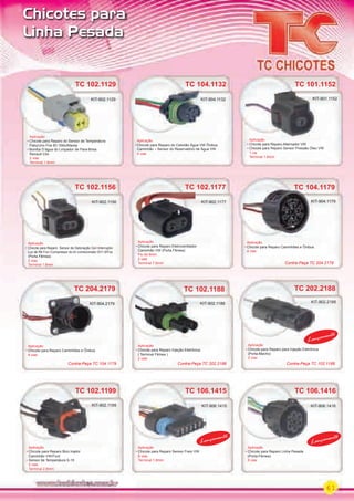 61
Chicotes para
Linha Pesada
TC 102.1129
Aplicação
Chicote para Reparo do Sensor de Temperatura
Palio/Uno Fire 8V /Stilo/Marea
Bomba D’água do Limpador de Para-Brisa
Renault Clio
2 vias
Terminal 1.6mm
TC 102.1129
KIT-902.1129
TC 104.1132
Aplicação
Chicote para Reparo do Cebolão Água VW Ônibus
Caminhão Sensor do Reservatório de Água VW
4 vias
KIT-904.1132
TC 104.1132
KIT-904.1132
TC 101.1152TC 101.1152
Aplicação
Chicote para Reparo Alternador VW
Chicote para Reparo Sensor Pressão Óleo VW
1 via
Terminal 1.6mm
KIT-901.1152
TC 102.1156
Aplicação
Chicote para Reparo Sensor de Detonação Gol Interruptor
Luz de Ré Fox Compressor do Ar condicionado GV1.6/Fox
(Porta Fêmea)
2 vias
Terminal 1.6mm
KIT-902.1156
TC 102.1177
Aplicação
Chicote para Reparo Eletroventilador
Caminhão VW (Porta Fêmea)
Fio de 6mm
2 vias
Terminal 7.8mm
KIT-902.1177
Aplicação
Chicote para Reparo Caminhões e Ônibus
4 vias
TC 104.1179
Aplicação
Chicote para Reparo Caminhões e Ônibus
4 vias
KIT-904.1179
TC 104.1179
KIT-904.1179
TC 204.2179
KIT-904.2179KIT-904.2179
Contra-Peça TC 104.1179
Contra-Peça TC 204.2179
TC 102.1188
Aplicação
Chicote para Reparo Injeção Eletrônica
( Terminal Fêmea )
2 vias
KIT-902.1188 KIT-902.2188
TC 102.1188
KIT-902.1188 KIT-902.2188
TC 202.2188
Aplicação
Chicote para Reparo para Injeção Eletrônica
(Porta-Macho)
2 vias
Lançamento
Contra-Peça TC 202.2188 Contra-Peça TC 102.1188
TC 102.1199
Aplicação
Chicote para Reparo Bico Injetor
Caminhão VW/Ford
Sensor de Temperatura S-10
2 vias
Terminal 2.8mm
KIT-902.1199
TC 106.1416
Aplicação
Chicote para Reparo Linha Pesada
(Porta-Fêmea)
6 vias
Lançamento
KIT-906.1415 KIT-906.1416KIT-906.1415
TC 106.1415
Aplicação
Chicote para Reparo Sensor Freio VW
6 vias
Terminal 1.6mm
Lançamento
PARTE_02.indd 61 04/04/13 18:59
 