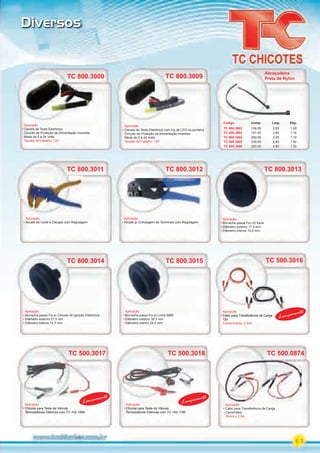 63
Diversos
TC 800.3000 TC 800.3009
Abraçadeira
Preta de Nylon
Código Comp. Larg. Esp.
TC 800.3002 104.00 2.65 1.00
TC 800.3003 151.00 3.80 1.15
TC 800.3004 200.00 2.60 1.10
TC 800.3005 235.00 4.80 1.50
TC 800.3006 283.00 4.80 1.50
TC 800.3011 TC 800.3012 TC 800.3013
TC 800.3014 TC 800.3015
Aplicação
Alicate de Corte e Decape com Regulagem
Aplicação
Alicate p/ Crimpagem de Terminais com Regulagem
Aplicação
Borracha passa Fio c/2 furos
Diâmetro externo 17.5 mm
Diâmetro interno 10.5 mm
Aplicação
Borracha passa Fio p/ Chicote de Ignição Eletrônica
Diâmetro externo 27.5 mm
Diâmetro interno 12.7 mm
Aplicação
Borracha passa Fio p/ Linha MBB
Diâmetro externo 39.5 mm
Diâmetro interno 24.0 mm
TC 800.3000
Aplicação
Caneta de Teste Eletrônico
Circuíto de Proteção de Alimentação Invertida
Mede de 5 à 24 Volts
Tensão deTrabalho: 12V
Aplicação
Caneta de Teste Eletrônico com luz de LED na ponteira
Circuíto de Proteção de Alimentação Invertida
Mede de 5 à 24 Volts
Tensão deTrabalho: 12V
TC 800.3009
TC 500.3016
Aplicação
Cabo para Transferência de Carga
12v.
Comprimento: 2.5mt
TC 500.3017 TC 500.3018
Aplicação
Chicote para Teste da Válvula
Termostáticas Elétricas com TC-102.1066
Aplicação
Chicote para Teste da Válvula
Termostáticas Elétricas com TC-102.1199
Lançamento
Lançamento
Lançamento
TC 500.0874
Aplicação
Cabo para Transferência de Carga
Caminhões
16mm x 2.5m
PARTE_02.indd 63 04/04/13 19:00
 