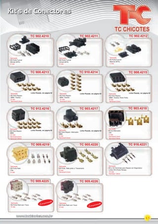 65
Kit’s de Conectores
Lançamento
Lançamento
TC 902.4210 TC 902.4211TC 902.4210 TC 902.4211
Aplicação
Kit Porta Fusível
Minival (MTA)
2 vias
Aplicação
Kit Porta Fusível
Unival (MTA)
2 vias
TC 908.4213 TC 910.4214 TC 908.4215TC 908.4213TC 908.4213 TC 910.4214 TC 908.4215
Aplicação
Kit Para Reparo
MBB / Scania
8 vias
Terminal 6.3mm
Aplicação
Kit Para Reparo
MBB / Scania
10 vias
Terminal 6.3mm
Aplicação
Kit Para Reparo
MBB / Scania (Tecla Torta)
8 vias
Terminal 6.3mm
TC 902.4212TC 902.4212
Aplicação
Kit Porta Fusível
Maxival (MTA)
2 vias
TC 903.4218
Aplicação
Kit do Alternador
VW
3 vias
Terminal 6.3mm
Terminal 9.5mm
TC 903.4217TC 903.4217
Aplicação
Kit Para Reparo Alternador
MBB
3 vias
Terminal 6.3mm
TC 912.4216TC 912.4216
Aplicação
Kit Para Reparo
MBB
12 vias
Terminal 6.3mm
Terminal 2.8mm
TC 916.4221
Aplicação
Kit c/ 04 Terminais para Reparo do Diagnóstico
Linha VW (Porta Fêmea)
16 vias
Terminal 1.6mm
TC 916.4221TC 916.4221TC 909.4219
TC 909.4225 TC 909.4226
Aplicação
Kit Porta Relé
Fiat
9 vias
Aplicação
Kit Porta Relé sem Trava
9 vias
Aplicação
Kit Porta Relé com Trava
9 vias
TC 905.4220
Aplicação
Kit Porta Relé preto c/ Travamento
5 vias
Terminal 6.3mm
Linha Pesada, ver página 62 Linha Pesada, ver página 62 Linha Pesada, ver página 62
Linha Pesada, ver página 62Linha Pesada, ver página 62
a )
o )
PARTE_02.indd 65 04/04/13 19:01
 