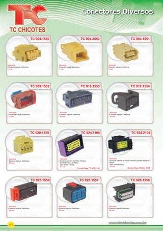 66
Conectores Diversos
TC 926.1557
TC 918.1554
TC 925.1556 TC 928.1558
TC 909.1552
Aplicação
Conector Injeção Eletrônica
26 vias
Aplicação
Conector Injeção Eletrônica
18 vias
Aplicação
Conector Injeção Eletrônica
25 vias
Aplicação
Conector Injeção Eletrônica
28 vias
Aplicação
Conector Injeção Eletrônica
9 vias
TC 924.1108TC 924.1108
Aplicação
Conector Central da Porta Traseira
Conexão Aérea do Motor
Stilo (Porta Fêmea)
24 vias
Contra-Peça TC 924.2108
TC 904.2550
TC 916.1553
TC 920.1555
TC 904.1550 TC 904.1551
Aplicação
Conector Injeção Eletrônica
4 vias
Aplicação
Conector Injeção Eletrônica
16 vias
Aplicação
Conector Injeção Eletrônica
20 vias
Aplicação
Conector Injeção Eletrônica
4 vias
Aplicação
Conector Injeção Eletrônica
4 vias
TC 924.2108
Aplicação
Conector Central da Porta Traseira/Conexão Aérea do
Motor
Stilo (Porta Macho)
24 vias
Contra-Peça TC 924.1108
PARTE_02.indd 66 04/04/13 19:02
 