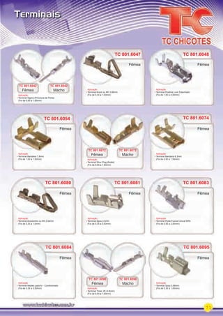 71
Terminais
Aplicação
Terminal Sigma (P/Coluna de Porta)
(Fio de 0,50 a 1,50mm)
TC 801.6042
Fêmea
TC 801.8042
Macho
TC 801.6042 TC 801.8042
Aplicação
Terminal Positive Lock Estanhado
(Fio de 1,00 a 4,00mm)
TC 801.6048TC 801.6048
Aplicação
Terminal Bandeira 7,8mm
(Fio de 1,00 a 1,50mm)
TC 801.6054
Aplicação
Terminal Bandeira 6,3mm
(Fio de 0,50 a 1,50mm)
TC 801.6074
Aplicação
TC 801.6054 TC 801.6074
Fêmea
Fêmea Fêmea
Aplicação
Terminal Anzol ou KK 3,96mm
(Fio de 0,30 a 1,00mm)
TC 801.6047
Fêmea
TC 801.6072
Fêmea
Aplicação
Terminal Shur-Plug (Bullet)
(Fio de 0,50 a 1,50mm)
TC 801.8072
Macho
Aplicação
Terminal Anzolzinho ou KK 2,54mm
(Fio de 0,30 a 1,0mm)
TC 801.6080
Fêmea
Aplicação
Terminal Spox 2,5mm
(Fio de 0,30 a 0,50mm)
TC 801.6081
Fêmea
TC 801.6081
TC 801.6084TC 801.6084
Aplicação
Terminal Italytec para Ar - Condicionado
(Fio de 0,30 a 0,50mm)
Aplicação
Terminal Porta Fusível Unival MTA
(Fio de 0,50 a 2,50mm)
TC 801.6083TC 801.6083
Aplicação
Terminal Timer JR (2,8mm)
(Fio de 0,50 a 1,00mm)
TC 801.6090
Fêmea
TC 801.6090 TC 801.8090
Macho
Fêmea
Fêmea
Aplicação
Terminal Spox 3,96mm
(Fio de 0,30 a 1,00mm)
TC 801.6095
Fêmea
TC 801.6095
PARTE_02.indd 71 04/04/13 19:05
 