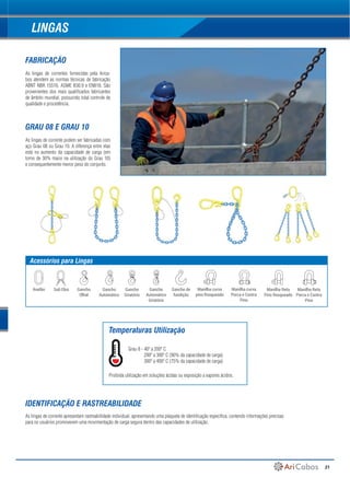 21
As lingas de correntes fornecidas pela Arica-
bos atendem as normas técnicas de fabricação
ABNT NBR 15516, ASME B30.9 e EN818. São
provenientes dos mais qualificados fabricantes
de âmbito mundial, possuindo total controle de
qualidade e procedência.
As lingas de corrente podem ser fabricadas com
aço Grau 08 ou Grau 10. A diferença entre elas
está no aumento da capacidade de carga (em
torno de 30% maior na utilização do Grau 10)
e consequentemente menor peso do conjunto.
As lingas de corrente apresentam rastreabilidade individual, apresentando uma plaqueta de identificação específica, contendo informações precisas
para os usuários promoverem uma movimentação de carga segura dentro das capacidades de utilização.
GRAU 08 E GRAU 10
FABRICAÇÃO
IDENTIFICAÇÃO E RASTREABILIDADE
LINGAS
Grau 8 - 40º a 200º C
200º a 300º C (90% da capacidade de carga)
300º a 400º C (75% da capacidade de carga)
Temperaturas Utilização
Proibida utilização em soluções ácidas ou exposição a vapores ácidos.
Gancho de
fundição
Manilha curva
pino Rosqueado
Manilha curva
Porca e Contra
Pino
Manilha Reta
Pino Rosqueado
Manilha Reta
Porca e Contra
Pino
Anelão Sub Elos Gancho
Olhal
Gancho
Automático
Gancho
Giratório
Gancho
Automático
Giratório
Acessórios para Lingas
 
