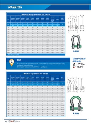 28
Manilhas Heavy Duty Green Pin P-6036
CMT
Diâmetro
do Corpo
Diâmetro
do Pino
Diâmetro
do Olhal
Largura
do Olhal
Largura
Interna
Altura
Interna
Diâmetro
da Curva
Compri-
mento
	
Compri-
mento
do Para-
fuso
Largura
Peso
Unitário
(ton)
a b c d e f g h i j
Kg
mm mm mm mm mm mm mm mm mm mm
120 95 95 215 89 144 381 238 667 440 416 110
150 105 108 245 100 165 400 275 702 490 485 160
200 120 130 288 110 175 500 290 854 520 530 235
250 130 140 308 115 200 540 305 921 560 565 285
300 140 150 335 120 200 600 305 1018 575 585 340
400 170 175 387 160 225 650 325 1137 690 665 560
500 180 185 410 160 250 700 350 1213 710 710 685
600 200 205 458 185 275 700 375 1267 810 775 880
700 210 215 468 200 300 700 400 1287 850 820 980
800 210 220 478 200 300 700 400 1294 870 820 1100
900 220 230 500 210 320 700 120 1320 920 860 1280
1000 240 240 530 210 340 700 420 1360 940 900 1460
1250 260 270 600 225 360 700 450 1430 1020 970 1990
1500 280 290 640 225 360 700 450 1480 1060 1010 2400
MANILHAS
Manilhas Super Green Pin P-5263
CMT
Diâmetro
do Corpo
Diâmetro
do Pino
Diâmetro
do Olhal
Largura
do Olhal
Largura
Interna
Altura
Interna
Diâmetro
da Curva
Compri-
mento
	
Compri-
mento
do Para-
fuso
Largura
Peso
Unitário
(ton)
a b c d e f g h i j
Kg
mm mm mm mm mm mm mm mm mm mm
3,3 13.5 16 34 13.5 22 51 32 91 83 63 0.44
5 16 19 40 16 27 64 43 114 99 79 0.79
7 19 22 47 19 31 76 51 136 115 94 1.26
9,5 22 25 53 22 36 83 58 157 131 107 1.88
12,5 25 28 60 25 43 95 68 176 151 124 2.78
15 28 32 67 28 47 108 75 197 167 137 3.87
18 32 35 74 32 51 115 83 218 179 154 5.26
21 35 38 80 35 57 133 92 240 198 170 6.94
30 38 42 89 38 60 146 99 262 203 183 8.79
40 45 50 104 45 73 178 126 314 244 226 15.00
50 57 57 133 50 83 197 138 365 269 264 22.00
80 70 70 159 65 105 260 180 468 330 339 42.00
110 83 83 171 75 127 330 190 564 399 371 70.00
140 95 95 215 89 144 381 238 667 440 416 112.00
175 105 108 245 100 165 400 275 702 490 485 160.00
Fator de segurança 5:1
As manilhas Green Pin apresentam declaração de conformidade CE e acompanham certificado de teste e
certificado de composição química.
Também são fornecidas com certificado DNV 2.7-1 Type Approval.
DICA
Temperatura de
Utilização
-20ºC a
200ºC
P-6036
P-5263
 