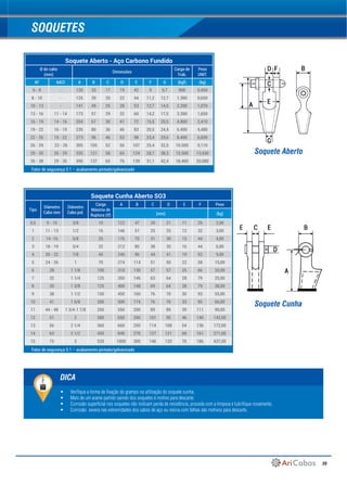 35
Soquete Cunha Aberto SO3
Tipo
Diâmetro
Cabo mm
Diâmetro
Cabo pol.
Carga
Máxima de
Ruptura (tf)
A B C D E F Peso
(mm) (kg)
0,5 9 - 10 3/8 10 122 47 20 21 11 26 2,00
1 11 - 13 1/2 16 146 57 25 25 12 32 3,00
2 14 -16 5/8 25 176 70 31 30 15 44 4,00
3 18 - 19 3/4 32 212 80 38 35 16 44 6,00
4 20 - 22 7/8 45 240 96 44 41 19 52 9,00
5 24 - 26 1 70 274 114 51 50 22 58 15,00
6 28 1 1/8 100 310 130 57 57 25 66 20,00
7 32 1 1/4 125 350 146 63 64 28 79 25,00
8 35 1 3/8 125 400 148 69 64 28 79 38,00
9 38 1 1/2 150 450 160 76 70 30 93 55,00
10 41 1 5/8 200 500 174 76 76 33 95 66,00
11 44 - 48 1 3/4-1 7/8 260 550 200 89 89 39 111 90,00
12 51 2 280 650 200 101 95 46 140 142,00
13 56 2 1/4 360 660 250 114 108 54 136 172,00
14 63 2 1/2 450 840 270 127 121 60 161 271,00
15 75 3 520 1000 300 146 133 76 186 437,00
SOQUETES
Soquete Cunha
Soquete Aberto - Aço Carbono Fundido
Ø do cabo
(mm)
Dimensões
Carga de
Trab.
Peso
UNIT.
AF AACI A B C D E F G (kgf) (kg)
6 - 8 - 120 33 17 19 42 9 9,7 900 0,450
8 - 10 - 125 39 20 22 44 11,2 12,7 1.300 0,650
10 - 13 - 141 49 25 28 53 12,7 14,5 2.200 1,070
13 - 16 11 - 14 173 57 29 32 60 14,2 17,5 3.300 1,650
16 - 19 14 - 16 204 67 30 41 72 15,5 20,5 4.800 2,410
19 - 22 16 - 19 235 80 36 46 83 20,5 24,4 6.400 4,480
22 - 26 19 - 22 273 96 46 53 98 23,4 29,6 8.400 6,830
26 - 29  22 - 26  305 105 52 56 107 25,4 32,5 10.500 9,110
29 - 35 26 - 29 335 121 58 65 124 28,7 38,3 15.500 13,430
35 - 38 29 - 35 390 137 65 76 139 31,1 42,4 18.400 20,080
Soquete Aberto
•	 Verifique a forma de fixação do grampo na utilização do soquete cunha;
•	 Mais de um arame partido saindo dos soquetes é motivo para descarte;
•	 Corrosão superfícial nos soquetes não indicam perda de resistência, proceda com a limpeza e lubrifique novamente;
•	 Corrosão severa nas extremidades dos cabos de aço ou resina com falhas são motivos para descarte.
DICA
Fator de segurança 5:1 – acabamento pintado/galvanizado
Fator de segurança 5:1 – acabamento pintado/galvanizado
 