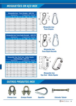 39
Mosquetão Inox Trava Dupla Roscada - AISI 316
Dimensões (mm) Carga de Trab. Peso Unit.
A B C (kfg) (kg)
4 40 4 90 0,010
5 50 6 120 0,020
6 60 7 120 0,030
7 70 9 180 0,045
8 80 10 230 0,070
9 90 12 250 0,100
10 100 14 350 0,130
12 140 21 510 0,265
Mosquetão Inox - Trava Simples - AISI 316
Dimensões (mm) Carga de Trab. Peso Unit.
A B C (kfg) (kg)
4 40 8 90 0,009
5 50 8 120 0,016
6 60 10 120 0,027
7 70 10 180 0,040
8 80 11 230 0,065
9 90 14 250 0,092
10 100 15 350 0,125
12 140 23 510 0,265
MOSQUETÕES EM AÇO INOX
Mosquetão Tipo “Oval” Inox - Malha Rápida -
Trava Roscada - AISI 316
Dimensões (mm) Carga de Trab. Peso Unit.
A B C D E (kfg) (kg)
41 33 4 5 12 230 0,010
49 40 5 6 14 300 0,020
58 46 6 7 15 400 0,030
66 53 7 9 17 550 0,050
74 58 8 10 18 700 0,070
81 63 9 11 20 900 0,100
90 70 10 13 23 1.050 0,130
117 84 12 15 25 1.200 0,220
Mosquetão Inox
Trava Simples
A
CB
A
C
B
A B
C
D
E
Mosquetão Inox
Trava Dupla Roscada
Mosquetão Inox
Tipo Oval - Malha Rápida
Grampo Leve Grampo Pesado Sapatilha Esticador Tubular
OUTROS PRODUTOS INOX
 