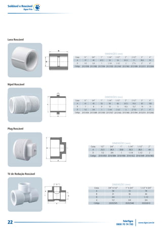 Soldável e Roscável
                Água Fria




Luva Roscável




                                                                  DIMENSÕES (mm)
                            Cotas      ½”       3/4”       1”       1.1/4”     1.1/2”   2”     2 1/2”   3"        4"
                              A        37       40         47,5      53         53      61,5     71     78,5      91
                              D        1/2      3,4         1       1.1/4      1.1/2     2      2"½     3"        4"
                            Código   20121858 20121882 20121904 20121920 20121947 20121963 20121998 20122013 20122064




Nípel Roscável



                                                                  DIMENSÕES (mm)
                            Cotas      ½”       3/4”       1”       1.1/4”     1.1/2”   2”     2 1/2”   3"        4"
                              A        41       45         53        59         60      67,5    74,5    87       100
                              B         7        8          9        10         11      10,5    13,7    14        15
                              D        1/2      3/4         1       1.1/4      1.1/2     2      2"1/2   3"        4"
                            Código   20151854 20151889 20151900 20151927 20151943 20151960 20151994 20152010 20152060




Plug Roscável




                                                                             DIMENSÕES (mm)
                                              Cotas       1/2"     3/4"      1"     1.1/4"   1.1/2"     2"
                                                A         25,5     28,5     29,8     30,5     38,5      44
                                                D      DIMENSÕES (mm)
                                                           1/2      3/4       1      1.1/4    1.1/2     2
                                              Código    20161850 20161884 20161906 20161922 20161949 20161965




Tê de Redução Roscável


                                                                             DIMENSÕES (mm)
                                                  Cotas              3/4” X 1/2”         1” X 3/4”      1.1/2” X 3/4”
                                                    A                    59                 72               79
                                                    B                    31                 36               44
                                                    D                    3/4                 1              1.1/2
                                                    d                    1/2                3/4              3/4
                                                  Código              20202505           20202548         20202610




22
 