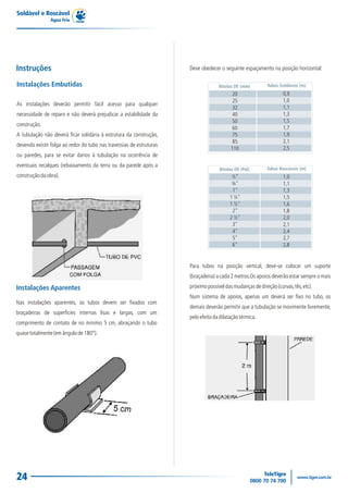 Soldável e Roscável
                Água Fria




Instruções                                                            Deve obedecer o seguinte espaçamento na posição horizontal:

Instalações Embutidas                                                               Bitolas DE (mm)        Tubos Soldáveis (m)
                                                                                          20                       0,9
                                                                                          25                       1,0
As instalações deverão permitir fácil acesso para qualquer
                                                                                          32                       1,1
necessidade de reparo e não deverá prejudicar a estabilidade da                           40                       1,3
                                                                                          50                       1,5
construção.
                                                                                          60                       1,7
A tubulação não deverá ficar solidária à estrutura da construção,                         75                       1,9
                                                                                          85                       2,1
devendo existir folga ao redor do tubo nas travessias de estruturas
                                                                                          110                      2,5
ou paredes, para se evitar danos à tubulação na ocorrência de
eventuais recalques (rebaixamento da terra ou da parede após a
                                                                                    Bitolas DE (Pol)       Tubos Roscáveis (m)
construção da obra).                                                                      ½”                       1,0
                                                                                          ¾"                       1,1
                                                                                          1"                       1,3
                                                                                         1 ¼"                      1,5
                                                                                         1 ½"                      1,6
                                                                                          2"                       1,8
                                                                                         2 ½"                      2,0
                                                                                          3"                       2,1
                                                                                          4"                       2,4
                                                                                          5"                       2,7
                                                                                          6"                       2,8


                                                                      Para tubos na posição vertical, deve-se colocar um suporte
                                                                      (braçadeira) a cada 2 metros.Os apoios deverão estar sempre o mais

Instalações Aparentes                                                 próximo possível das mudanças de direção (curvas, tês, etc).
                                                                      Num sistema de apoios, apenas um deverá ser fixo no tubo, os
Nas instalações aparentes, os tubos devem ser fixados com
                                                                      demais deverão permitir que a tubulação se movimente livremente,
braçadeiras de superfícies internas lisas e largas, com um
                                                                      pelo efeito da dilatação térmica.
comprimento de contato de no mínimo 5 cm, abraçando o tubo
quase totalmente (em ângulo de 180°).




24
 