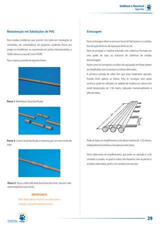 Soldável e Roscável
                                                                                                                            Água Fria




Manutenção em Tubulações de PVC                                       Estocagem

Para resolver problemas que ocorrem nos tubos em instalações já       Para a estocagem deve-se procurar locais de fácil acesso e à sombra,
concluídas, em conseqüência de pequenos acidentes (furos por          livre de ação direta ou de exposição direta ao sol.
pregos ou furadeiras), ou vazamentos em juntas mal executadas, a      Deve-se proteger o material estocado com cobertura formada por
TIGRE oferece a Luva de Correr TIGRE.                                 uma grade de ripas ou estrutura de cobertura de simples
Para o reparo, proceda da seguinte forma:                             desmontagem.
                                                                      Assim como no transporte, os tubos não agrupados em feixes devem
                                                                      ser empilhados com as pontas e as bolsas alternadas.
                                                                      A primeira camada de tubos tem que estar totalmente apoiada,
                                                                      ficando livres apenas as bolsas. Para se conseguir esse apoio
                                                                      contínuo, pode ser utilizado um tablado de madeira ou caibros (em
                                                                      nível) distanciados de 1,50 metro, colocados transversalmente à
                                                                      pilha de tubos.


Passo 1: Identifique o local danificado.




Passo 2: Corte o local danificado e substitua por um novo trecho de   Pode-se fazer um empilhamento com altura máxima de 1,50 metros,
tubo.                                                                 independente da bitola ou da espessura dos tubos.


                                                                      Outra alternativa de empilhamento, que pode ser adotada é a de
                                                                      camadas cruzadas, na qual os tubos são dispostos com as pontas e
                                                                      as bolsas alternadas, porém, em camadas transversais.




Passo 3: Faça a união utilizando duas luvas de correr, uma em cada
extremidade do novo trecho.

                          IMPORTANTE
            Não utilize Adesivo Plástico nas luvas, pois a
            vedação se dá pelo anel de borracha.




                                                                                                                                        29
 