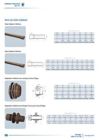 Soldável e Roscável
             Água Fria




Itens da Linha Soldável
Tubo Soldável 3 Metros



                                                                                                                       DIMENSÕES (mm)
                                                                                 Cotas         20       25       32       40       50       60
                                                                                   B           32       32       32       40       50       60
                                                                                   D           20       25       32       40       50       60
                                                                                   e           1,5      1,7      2,1      2,4      3,0      3,3
                                                                                   L          3000     3000     3000     3000     3000     3000
                                                                                 Código     10121744 10121787 10121817 10121841 10121876 10121906




Tubo Soldável 6 Metros



                                                                                                          DIMENSÕES (mm)
                                                          Cotas       20            25             32            40            50           60         75        85      110
                                                            B         32            32             32            40            50           60         70        77      91
                                                            D         20            25             32            40            50           60         75        85      110
                                                            e         1,5           1,7           2,1            2,4          3,0          3,3        4,2       4,7      6,1
                                                            L        6000          6000           6000         6000           6000      6000         6000       6000    6000
                                                          Código    10120209 10120250 10120322 10120403 10120500 10120608 10120756 10120853 10121035




Adaptador Soldável com anel para Caixa D’Água


                                                                                                                       DIMENSÕES (mm)
                                                                                 Cotas         20       25       32       40       50        60
                                                                                   A           61       61       64       64       67        67
                                                                                   B           17       17       20       20       23        23
                                                                                   D           20       25       32       40       50        60
                                                                                    d         1/2”     3/4”      1”     1.1/4”    1.1/2      2”
                                                                                   D1         64,1     70,1     79,4     87,4     94,7     108,7
                                                                                   D2          60       66       74       82       88       102
                                                                                 Código     22002406 22002422 22002449 22002465 22002481 22002503




Adaptador Soldável com Flanges Livres para Caixa D’Água



                                                                                                          DIMENSÕES (mm)
                                                            Cotas      25 X 3/4          32 X 1     40 X 1.1/4 50 X 1.1/2            60 X 2      75 X 2.1/2   85 X 3   110 X 4
                                                                A          103            105            166            170           178           250        255      275
                                                                D           25            32             40             50            60            75         85       110
                                                                d       3/4”              1”            1.1/4”         1.1/2”         2”          2.1/2”       3”        4”
                                                           Código     22027832 22027883 22027921 22027956 22028022 22028081 22028138 22028189




08
 