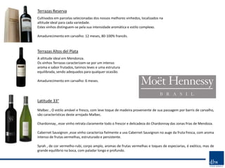 Terrazas Reserva
Cultivados em parcelas selecionadas dos nossos melhores vinhedos, localizados na
altitude ideal para cada variedade.
Estes vinhos distinguem-se pela sua intensidade aromática e estilo complexo.

Amadurecimento em carvalho: 12 meses, 80-100% francês.



Terrazas Altos del Plata
A altitude ideal em Mendonza.
Os vinhos Terrazas caracterizam-se por um intenso
aroma e sabor frutados, taninos leves e uma estrutura
equilibrada, sendo adequados para qualquer ocasião.

Amadurecimento em carvalho: 6 meses.




Latitude 33°

Malbec , O estilo amável e fresco, com leve toque de madeira proveniente de sua passagem por barris de carvalho,
são características deste arrojado Malbec.

Chardonnay , esse vinho retrata claramente todo o frescor e delicadeza do Chardonnay das zonas frias de Mendoza.

Cabernet Sauvignon ,esse vinho caracteriza fielmente a uva Cabernet Sauvignon no auge da fruta fresca, com aroma
intenso de frutas vermelhas, estruturado e persistente.

Syrah , de cor vermelho-rubi, corpo amplo, aromas de frutas vermelhas e toques de especiarias, é exótico, mas de
grande equilíbrio na boca, com paladar longo e profundo.
 