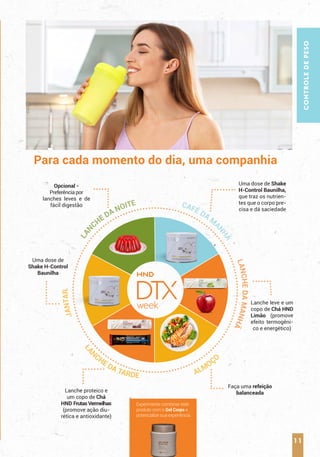 11
CONTROLE
DE
PESO
11
CONTROLE
DE
PESO
Para cada momento do dia, uma companhia
Experimente combinar este
produto com o Gel Corps e
potencialize sua experiência.
L
A
N
CHE DA TARDE ALMOÇ
O
J
A
N
T
A
R
L
A
N
CHE DA NOITE
L
A
N
C
H
E
D
A
M
A
N
H
Ã
CAFÉ DA
M
A
N
H
Ã
Uma dose de Shake
H-Control Baunilha,
que traz os nutrien-
tes que o corpo pre-
cisa e dá saciedade
Lanche leve e um
copo de Chá HND
Limão (promove
efeito termogêni-
co e energético)
Faça uma refeição
balanceada
Lanche proteico e
um copo de Chá
HND FrutasVermelhas
(promove ação diu-
rética e antioxidante)
Uma dose de
Shake H-Control
Baunilha
Opcional -
Preferência por
lanches leves e de
fácil digestão
 