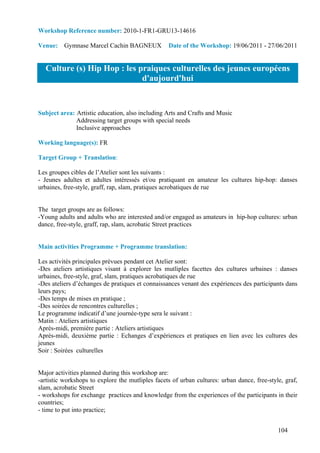 Workshop Reference number: 2010-1-FR1-GRU13-14616

Venue: Gymnase Marcel Cachin BAGNEUX              Date of the Workshop: 19/06/2011 - 27/06/2011


  Culture (s) Hip Hop : les praiques culturelles des jeunes européens
                             d'aujourd'hui


Subject area: Artistic education, also including Arts and Crafts and Music
              Addressing target groups with special needs
              Inclusive approaches

Working language(s): FR

Target Group + Translation:

Les groupes cibles de l’Atelier sont les suivants :
- Jeunes adultes et adultes intéressés et/ou pratiquant en amateur les cultures hip-hop: danses
urbaines, free-style, graff, rap, slam, pratiques acrobatiques de rue


The target groups are as follows:
-Young adults and adults who are interested and/or engaged as amateurs in hip-hop cultures: urban
dance, free-style, graff, rap, slam, acrobatic Street practices


Main activities Programme + Programme translation:

Les activités principales prévues pendant cet Atelier sont:
-Des ateliers artistiques visant à explorer les mutliples facettes des cultures urbaines : danses
urbaines, free-style, graf, slam, pratiques acrobatiques de rue
-Des ateliers d’échanges de pratiques et connaissances venant des expériences des participants dans
leurs pays;
-Des temps de mises en pratique ;
-Des soirées de rencontres culturelles ;
Le programme indicatif d’une journée-type sera le suivant :
Matin : Ateliers artistiques
Après-midi, première partie : Ateliers artistiques
Après-midi, deuxième partie : Echanges d’expériences et pratiques en lien avec les cultures des
jeunes
Soir : Soirées culturelles


Major activities planned during this workshop are:
-artistic workshops to explore the mutliples facets of urban cultures: urban dance, free-style, graf,
slam, acrobatic Street
- workshops for exchange practices and knowledge from the experiences of the participants in their
countries;
- time to put into practice;


                                                                                             104
 