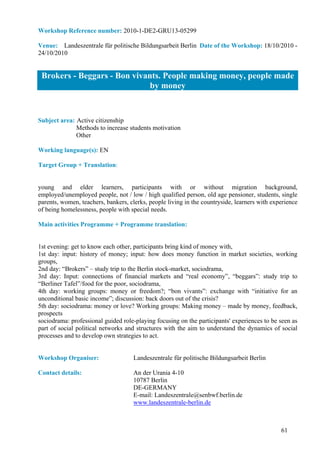 Workshop Reference number: 2010-1-DE2-GRU13-05299

Venue: Landeszentrale für politische Bildungsarbeit Berlin Date of the Workshop: 18/10/2010 -
24/10/2010


 Brokers - Beggars - Bon vivants. People making money, people made
                              by money


Subject area: Active citizenship
              Methods to increase students motivation
              Other

Working language(s): EN

Target Group + Translation:


young and elder learners, participants with or without migration background,
employed/unemployed people, not / low / high qualified person, old age pensioner, students, single
parents, women, teachers, bankers, clerks, people living in the countryside, learners with experience
of being homelessness, people with special needs.

Main activities Programme + Programme translation:


1st evening: get to know each other, participants bring kind of money with,
1st day: input: history of money; input: how does money function in market societies, working
groups,
2nd day: “Brokers” – study trip to the Berlin stock-market, sociodrama,
3rd day: Input: connections of financial markets and “real economy”, “beggars”: study trip to
“Berliner Tafel”/food for the poor, sociodrama,
4th day: working groups: money or freedom?; “bon vivants”: exchange with “initiative for an
unconditional basic income”; discussion: back doors out of the crisis?
5th day: sociodrama: money or love? Working groups: Making money – made by money, feedback,
prospects
sociodrama: professional guided role-playing focusing on the participants' experiences to be seen as
part of social political networks and structures with the aim to understand the dynamics of social
processes and to develop own strategies to act.


Workshop Organiser:                  Landeszentrale für politische Bildungsarbeit Berlin

Contact details:                     An der Urania 4-10
                                     10787 Berlin
                                     DE-GERMANY
                                     E-mail: Landeszentrale@senbwf.berlin.de
                                     www.landeszentrale-berlin.de



                                                                                              61
 