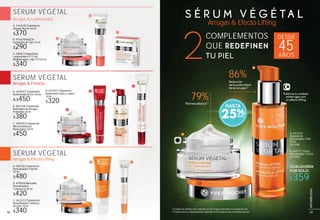 S É R U M V É G É T A L
COMPLEMENTOS
QUE REDEFINEN
TU PIEL2 DESDE
45AÑOS
Arrugas & Efecto Lifting
B. #65717 Sérum
Remodelador V 30 ml
De $450
86%Reducción
de la profundidad
de las arrugas(2)
79%Piel más elástica(1)
A. #57622
Tratamiento
Remodelador V Día
50 ml
De $480
SÉRUM VÉGÉTAL
Arrugas & Luminosidad
SÉRUM VÉGÉTAL
Arrugas & Firmeza
SÉRUM VÉGÉTAL
Arrugas & Efecto Lifting
TAL
TAL
A. #42638 Tratamiento
Alisante Noche 50 ml
$370
B. #45678 Roll On
Iluminador de Ojos 15 ml
$290
A. #29507 Tratamiento
Reafirmante Noche 50 ml
A $450
B. #82168 Tratamiento
Rellenador de Arrugas
Profundas 20 ml
$380
C. #09253 Tratamiento
Microexfoliación
Renovadora 30 ml
$450
D.#32923Tratamiento
Reafirmante Ojos y Labios
14 ml
$320
C. #63233 Tratamiento
Remodelador Contorno
de Ojos 14 ml
$340
B. #05958 Mascarilla
Remodeladora
Contorno V 40 ml
$420
A. #60782 Tratamiento
Remodelador V Noche
50 ml
$480
B
C
A
A
A
A
B
B
B
C
C
D
Potencia tu cuidado
antiarrugas con
un efecto lifting
(1)
Estudio de satisfacción realizado en 202 mujeres durante 4 semanas de uso.
(2)
Estudio clínico independiente realizado en 22 mujeres tras 4 semanas de uso.
$359
CUALQUIERA
POR SOLO:
C.#80614 Ampolletas
Luminosidad4X1,5ml
Medidasaprox.caja:5X5,5cm
$340
C
D
25%
HASTA
3736
ANTIARRUGAS
37
ANTIARRUGAS
 