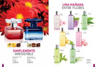 Fragancia de Tocador
FlowerParty
50 ml
#21770
De $399
A $319
Agua de Perfume
FlowerParty By Night
50 ml
#45212
De $399
A $319
Naranja Mandarina Vainilla Anís VainillaAlmendra
Fragancia
de Tocador
100 ml c/u
$299 c/u
Flor
de Cerezo
#87691
Lilas
#26964
Té Verde
#17670
Flor
de Cítricos
#27449
Rosas
#29112
Verbena
#87040
Lirio
de los Valles
#29656
Frutales - Orientales
SIMPLEMENTE
UNA MAÑANA
IRRESISTIBLE
ENTRE FLORES
5150
 