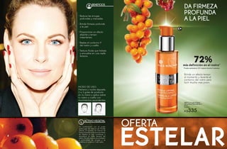 4746
ANTIARRUGAS
BENEFICIOS
DA FIRMEZA
PROFUNDA
A LA PIEL
Brinda un efecto tensor
al momento y levanta el
contorno del rostro para
lucir mucho más joven.
ACTIVO VEGETAL
En combinación con el poder
antiarrugas del extracto de Ficoïde
Glacial, el extracto de Granos de
Espino Amarillo promueve la síntesis
de Elastina lo que contribuye a
reconstruir la malla tensora del
rostro. De esta manera se combaten
a profundidad las arrugas y se
redefine el contorno V del rostro.
#65717 Arrugas & Efecto
Lifting Sérum Remodelador V
30 ml
De $450
A $335
MODO DE USO:
Mañana y noche deposita
2 a 3 gotas de producto
en tu mano y aplica sobre
tu rostro y cuello con
movimientos ascendentes.
• Reduce las arrugas
profundas y marcadas.
• Brinda firmeza profunda
a la piel.
• Proporciona un efecto
alisante y tensor
instantáneo.
• Realza el contorno V
del rostro y cuello.
• Textura fluida que hidrata
y envuelve en una malla
tensora.
72%más definición en el rostro*
*Prueba realizada en 201 mujeres durante 4 semanas.
 