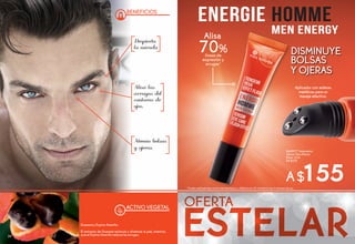 #65977 Tratamiento
Tensor Ojos Efecto
Flash 15 ml
De $220
A$155
Despierta
la mirada
Atenúa bolsas
y ojeras
70%
Alisa las
arrugas del
contorno de
ojos.
* Prueba realizada bajo control dermatológico y oftálmico en 25 voluntarios tras 4 semanas de uso.
Guaraná y Espino Amarillo.
El extracto de Guaraná estimula y dinamiza la piel, mientras
que el Espino Amarillo reduce las arrugas.
DISMINUYE
BOLSAS
Y OJERAS
Aplicador con esferas
metálicas para un
masaje efectivo.
ACTIVO VEGETAL
líneas de
expresión y
arrugas*
Alisa
3434
 