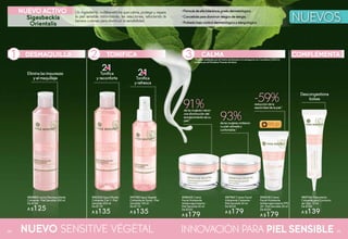 #80706 Tratamiento
Calmante para Contorno
de Ojos 15 ml
De $180
A $139
#08435 Crema
Facial Hidratante
Antienrojecimiento -
Piel Sensible 50 ml
De $230
A $179
#85885 Leche Desmaquillante
Calmante - Piel Sensible 200 ml
De $160
A $125
#87967 Crema Facial
Hidratante Calmante -
Piel Sensible 50 ml
De $230
A $179
#00218 Crema
Facial Hidratante
Antienrojecimiento FPS
20 - Piel Sensible 50 ml
De $230
A $179
#83332 Agua Micelar
Calmante 2 en 1- Piel
Sensible 200 ml
De $170
A $135
#41755 Agua Vegetal
Calmante en Spray - Piel
Sensible 150 ml
De $170
A $135
•Fórmuladealtatoleranciagradodermatológico.
•Concebidaparadisminuirriesgosdealergia.
•Probadobajocontroldermatológicoyalergológico.
Eliminalasimpurezas
yelmaquillaje
Tonifica
yreconforta Tonifica
yrefresca
delasmujeresvieron
unadisminucióndel
enrojecimientodesu
piel.*
delasmujeressintieron
supielcalmaday
confortable.*
reduccióndela
reactividaddelapiel.*
Descongestiona
bolsas
DESMAQUILLA TONIFICA CALMA COMPLEMENTA
NUEVO ACTIVO
91%
93%
-59%
1 2 3
21EN
21EN
FPS20
Sigesbeckia
Orientalis
Un ingrediente multibeneficios que calma, protege y repara
la piel sensible minimizando las reacciones, reforzando la
barrera cutánea para disminuir la sensibilidad.
*PruebasrealizadasporelCentrodeEstudioseInvestigaciónenCosmética(CERCO)
avaladoporelMinisterioFrancésdeSalud.
NUEVO SENSITIVE VÉGÉTAL INNOVACIÓN PARA PIELSENSIBLE 5958
 